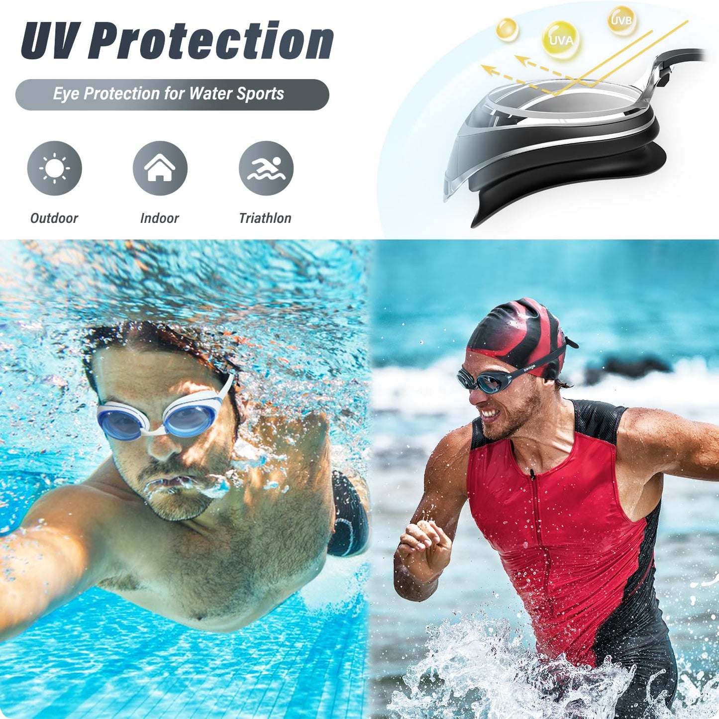 Gafas de natación, 2 unidades, gafas de natación, antivaho, protección UV, para adultos, hombres, mujeres, jóvenes, sin fugas, lente plana, visión clara, 3 tamaños de puente nasal