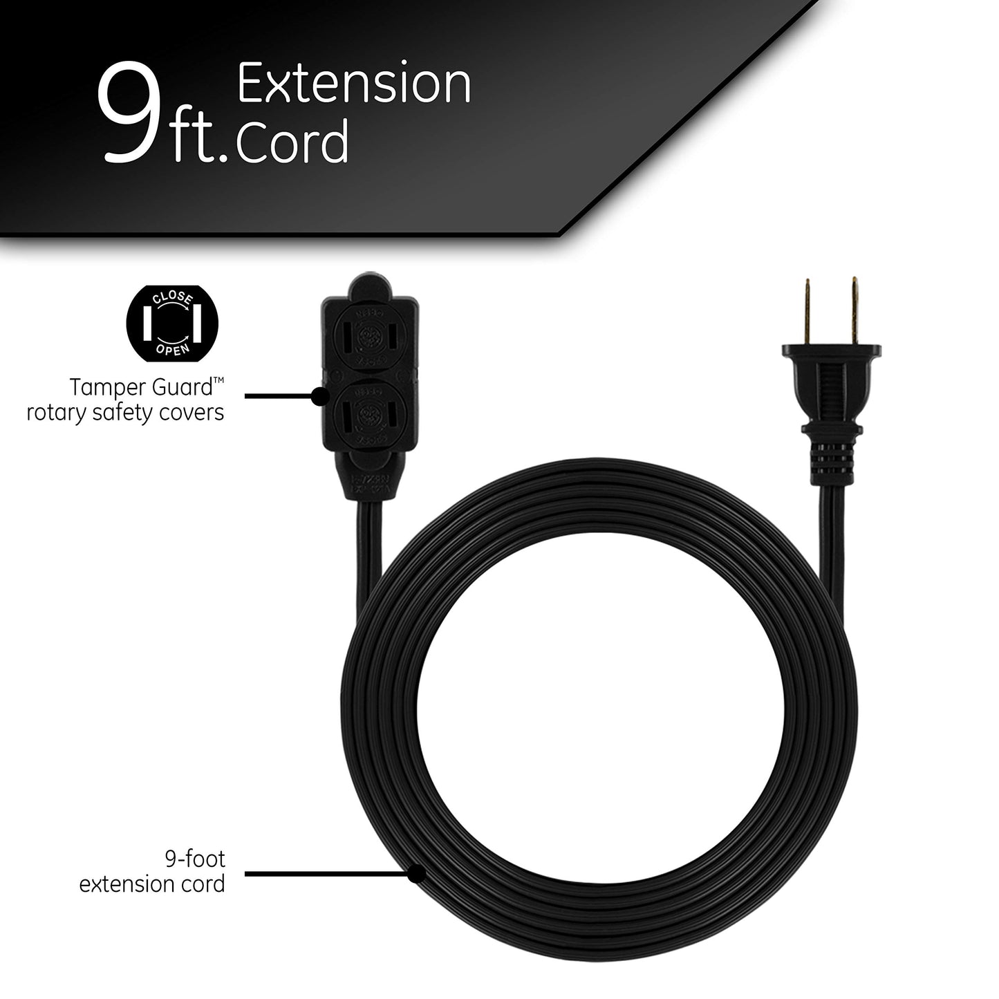 GE Regleta de enchufes de 3 Salidas, Cable de 9 pies, 2 Clavijas, Calibre 16, Cubiertas de Seguridad con Cierre Giratorio, perfectas para el hogar o la Cocina, listada en UL, Negro, 45149