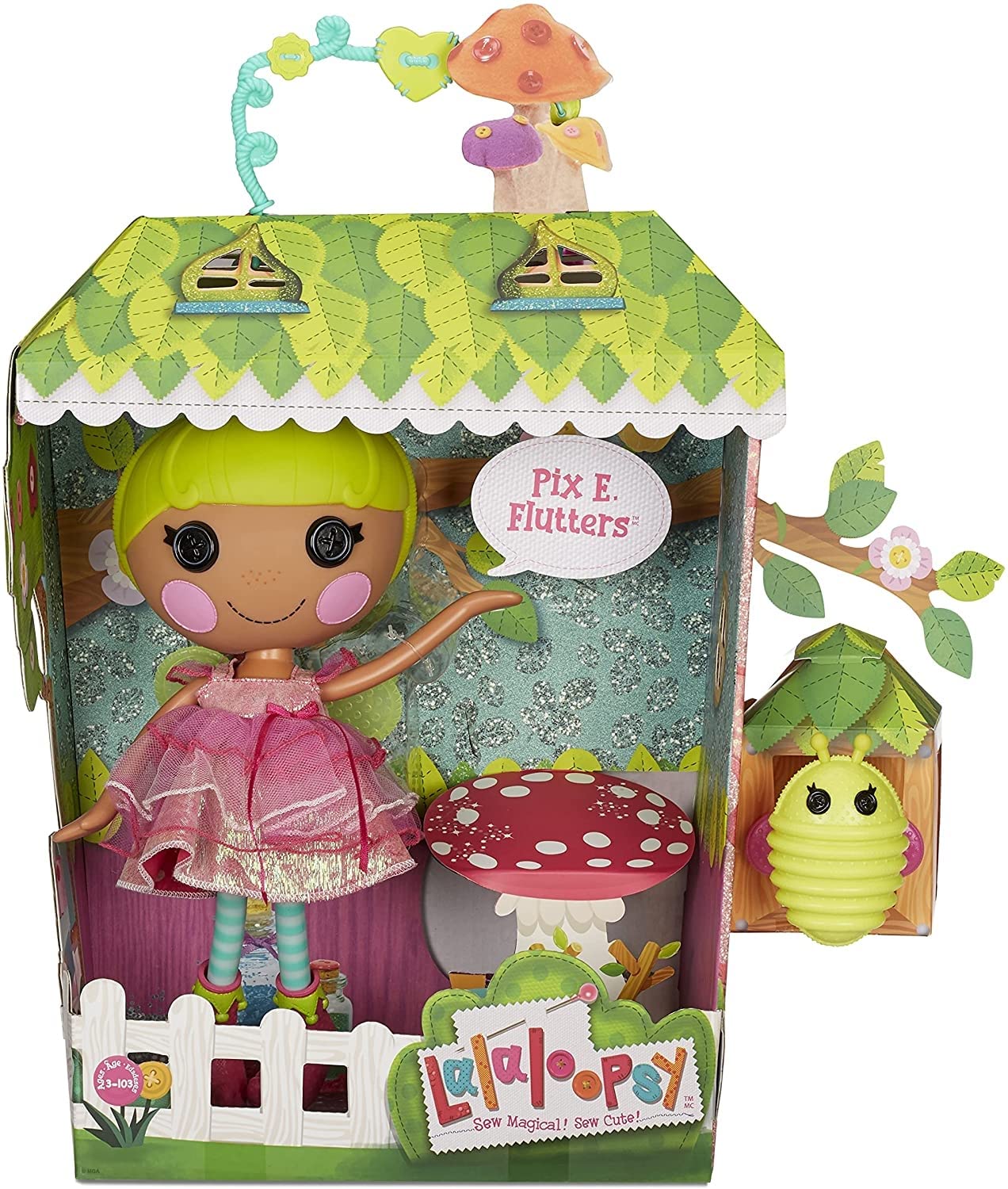 Lalaloopsy Muñeca Pix E. Flutters 33cm con luciérnaga - Muñeca Hada con Vestido Rosa y Zapatos Intercambiables - Caja Reutilizable - Edad: 3+ años