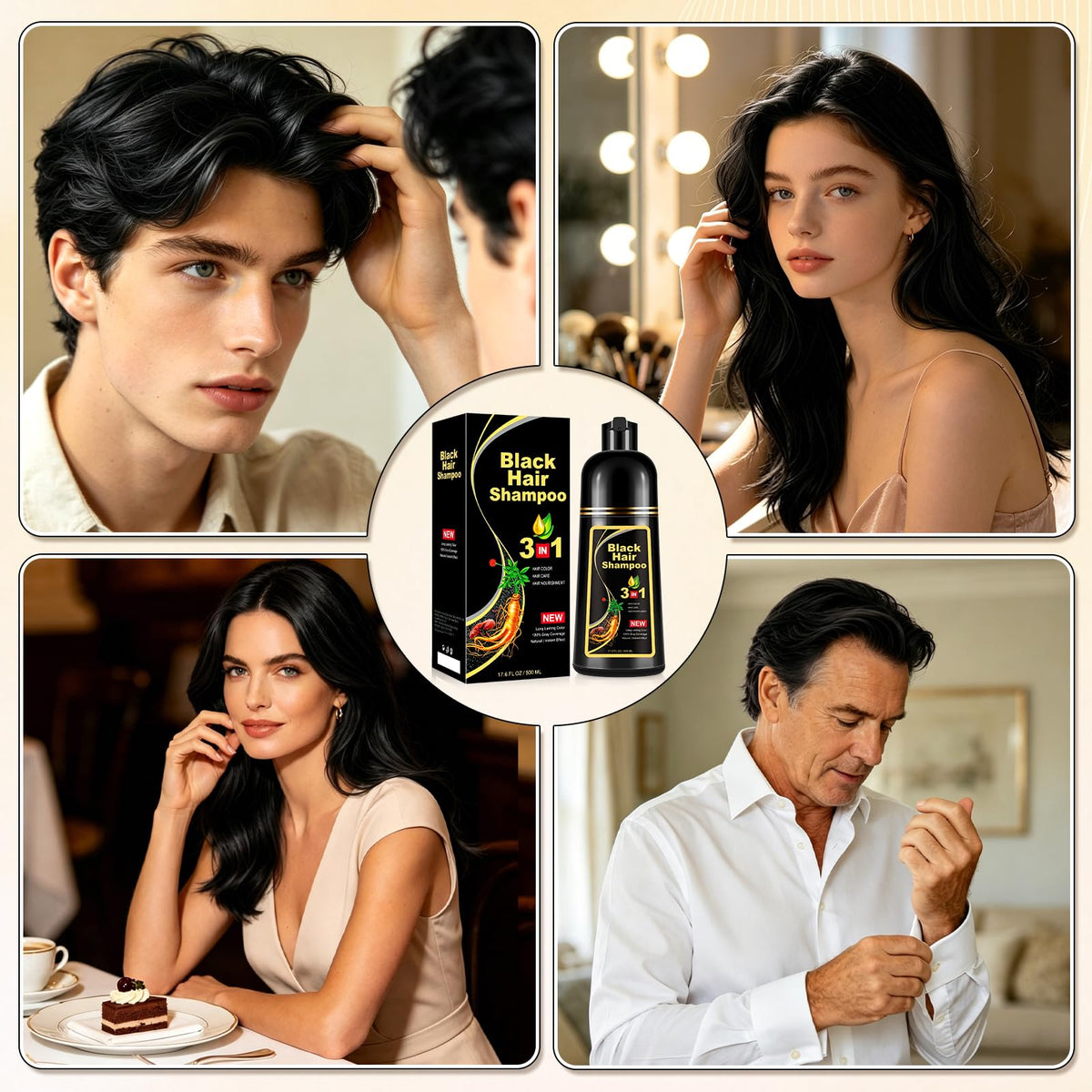Champú Instant Hair Color para Cabello,hair dye shampoo, Champú Tinte Instantáneo 3 En 1 Fórmula Suave Que contiene Ingredientes Naturales,shampoo tinte, Adecuado Para HombresY mujeres (Negro)