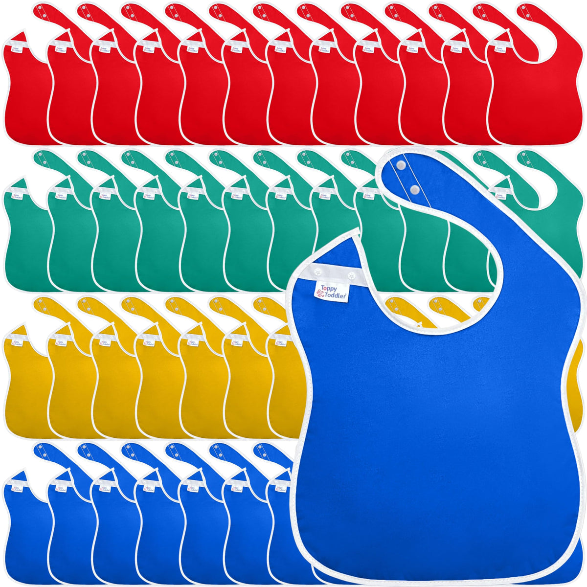 Toppy - 48 baberos grandes multicolor impermeables para bebés de 1 a 4 años - Baberos de tela ligera, suave y duradera con botones a presión para niñas y niños, apto para secadora y fácil de limpiar