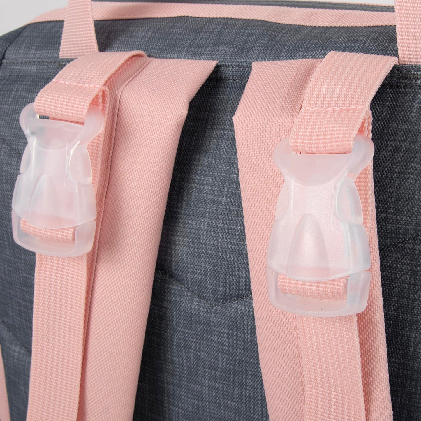 Baby Essentials - Mochila de pañales con marco principal súper enfriadora con cambiador, correas para carriola, compartimento aislado para botellas, Rosado/Gris, Mediano, Mochila para pañales