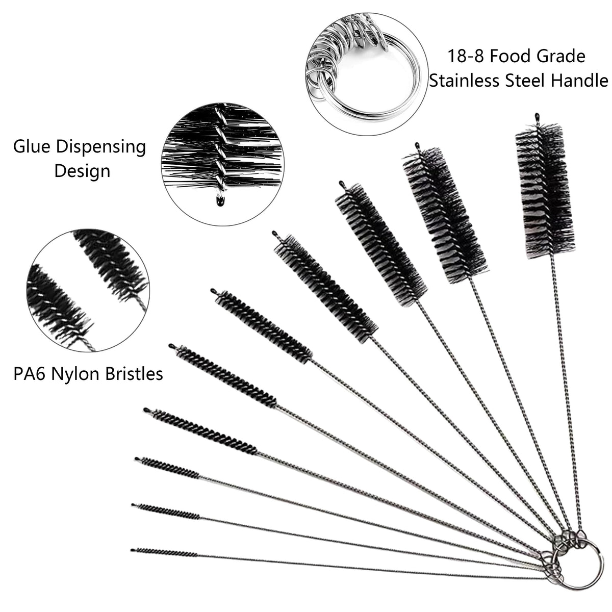 CIDYAUST - Juego de cepillos para limpieza de pajitas, limpiador de tuberías con 10 diámetros diferentes y anillo para colgar, cepillo de paja para vaso, fregaderos, tubo de ensayo, comederos Stanley