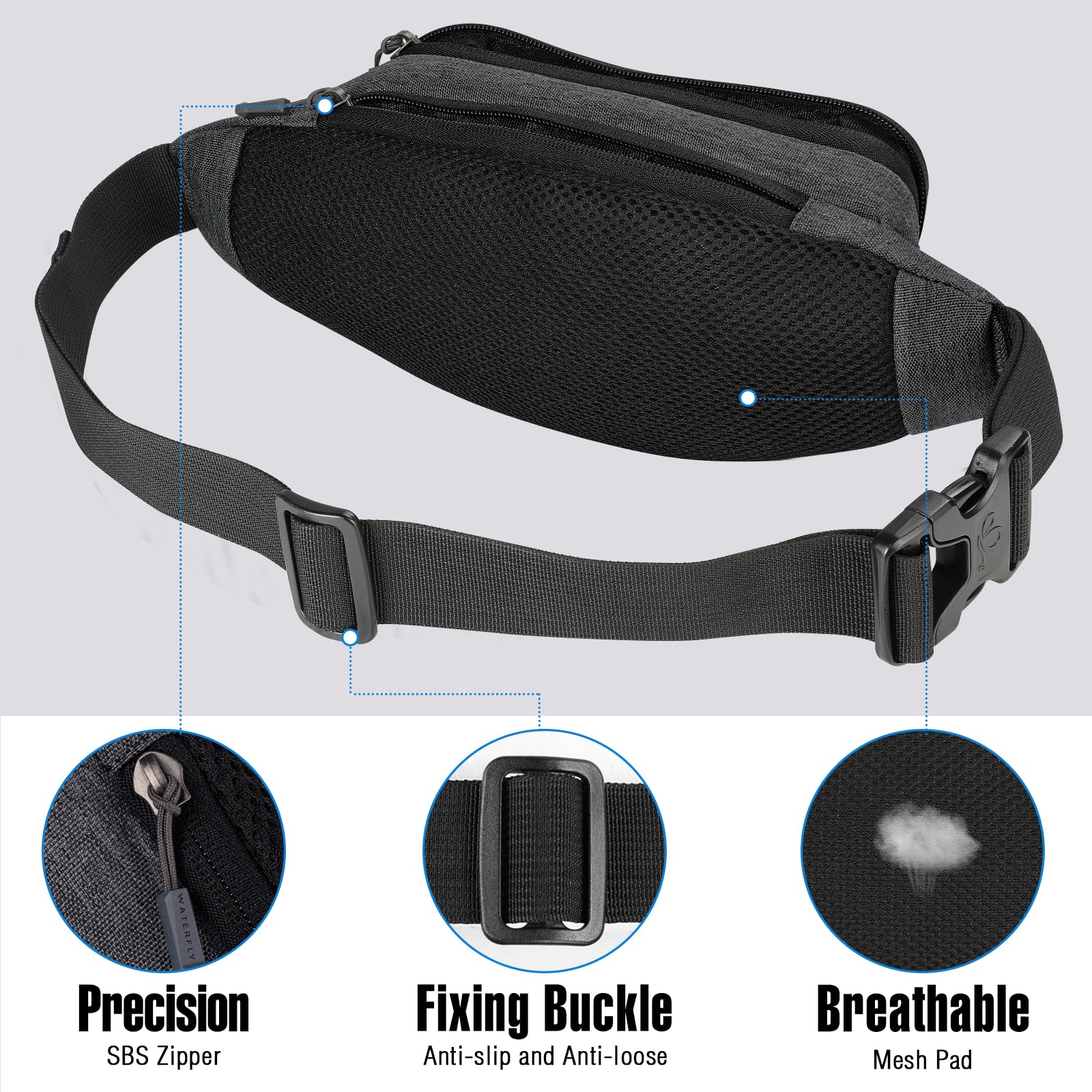 Riñonera WATERFLY Deportiva Negra Cinturón Extra Extendido para Marcha y Senderismo Mujer Hombre