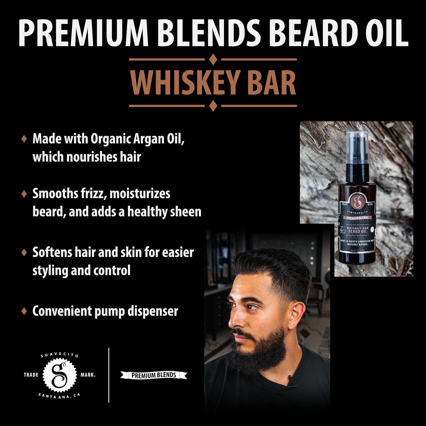Suavecito Premium Blends Beard Oil - Whisky Bar Beard Conditioning Serum for Men (1 FL oz), Whiskey Bar