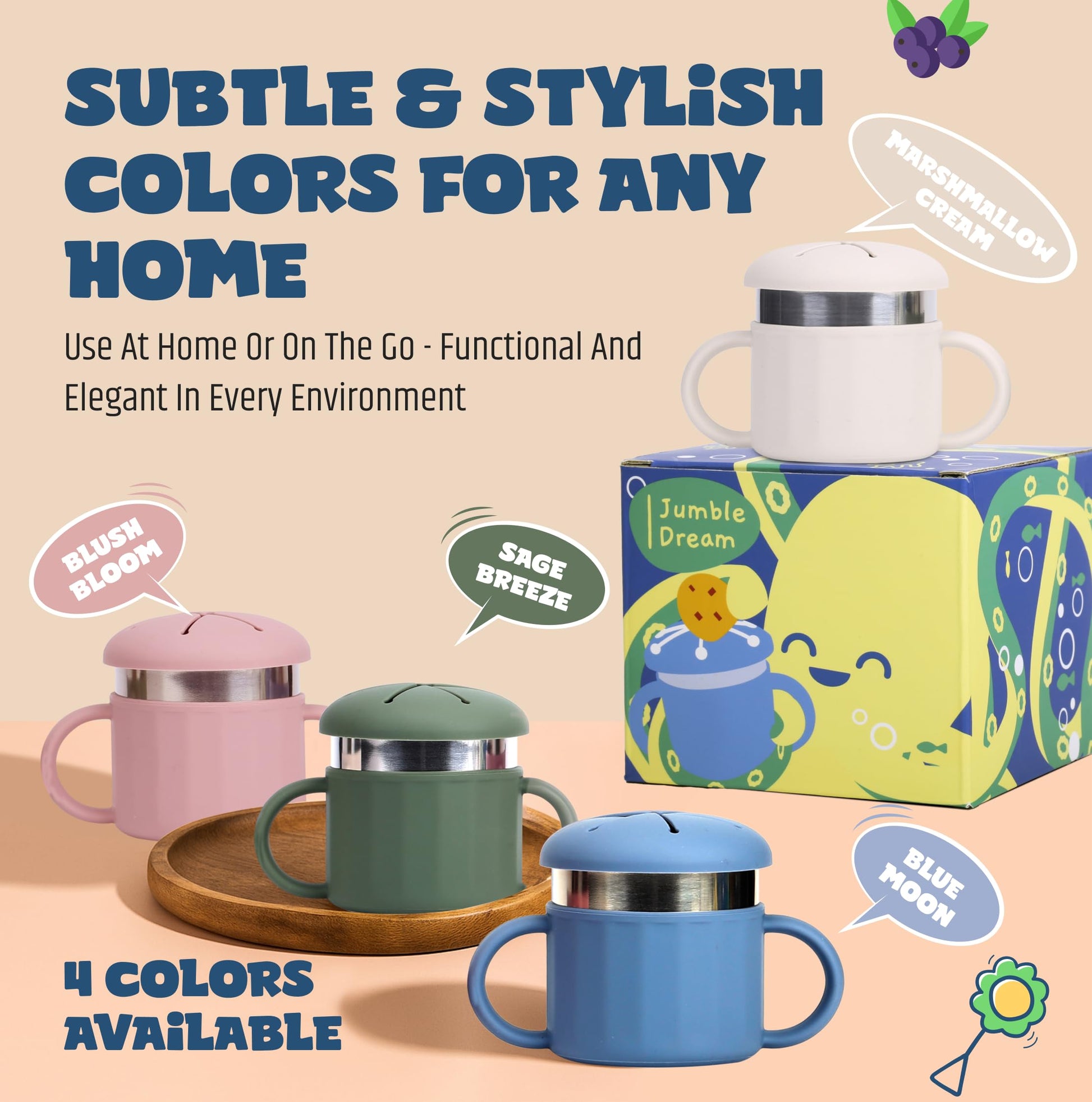 Jumble Dream - Taza de botanas de acero inoxidable para niños pequeños – Contenedor de botanas de silicona a prueba de derrames – Sin BPA, no tóxico, apto para lavaplatos, acero inoxidable de grado