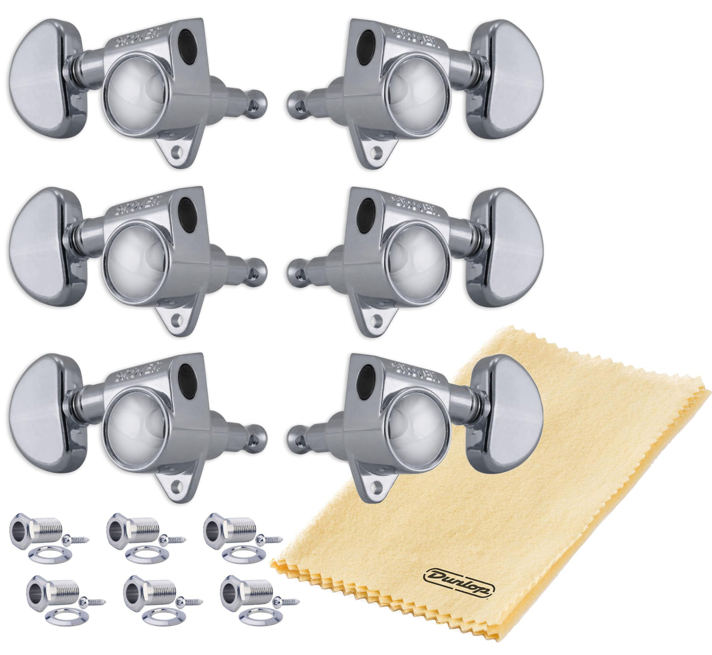 Grover 102-18C ROTOMATICS - Juego de afinadores de guitarra 18:1 3+3 teclas cromadas estilo Sperzel con tonebird Dunlop pulimento, paquete de tela para riñón, botón de afinación fina para acústica o