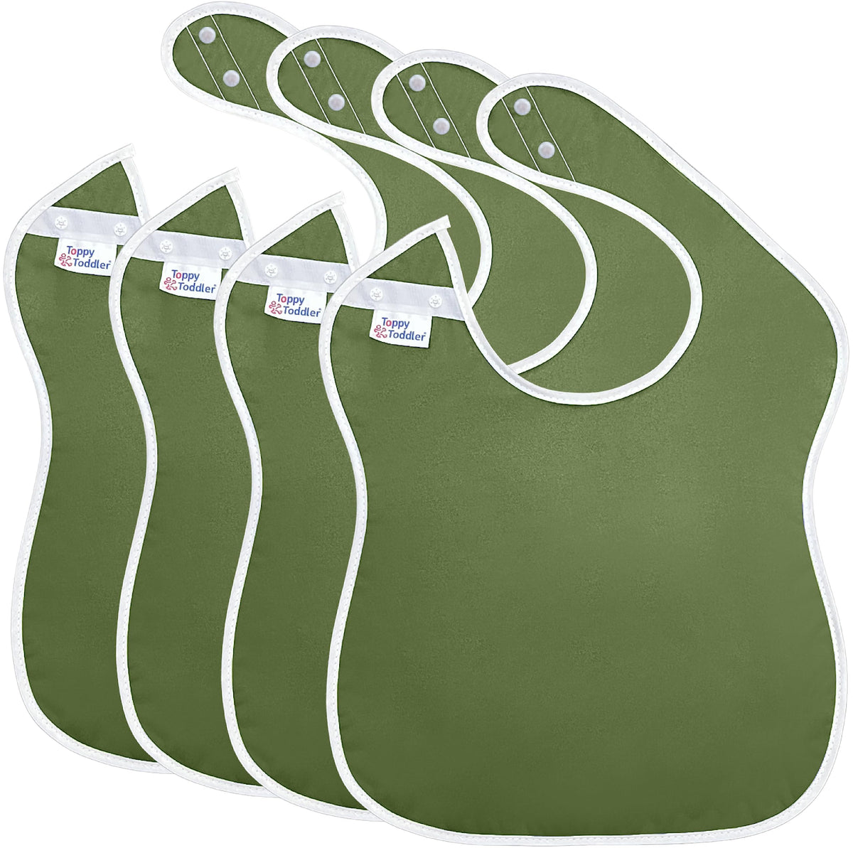 Toppy - 4 baberos grandes impermeables de color verde oliva para bebés de 1 a 4 años - Baberos de tela ligera, suave y duradera con botones a presión para niñas y niños, apto para secadora y fácil de