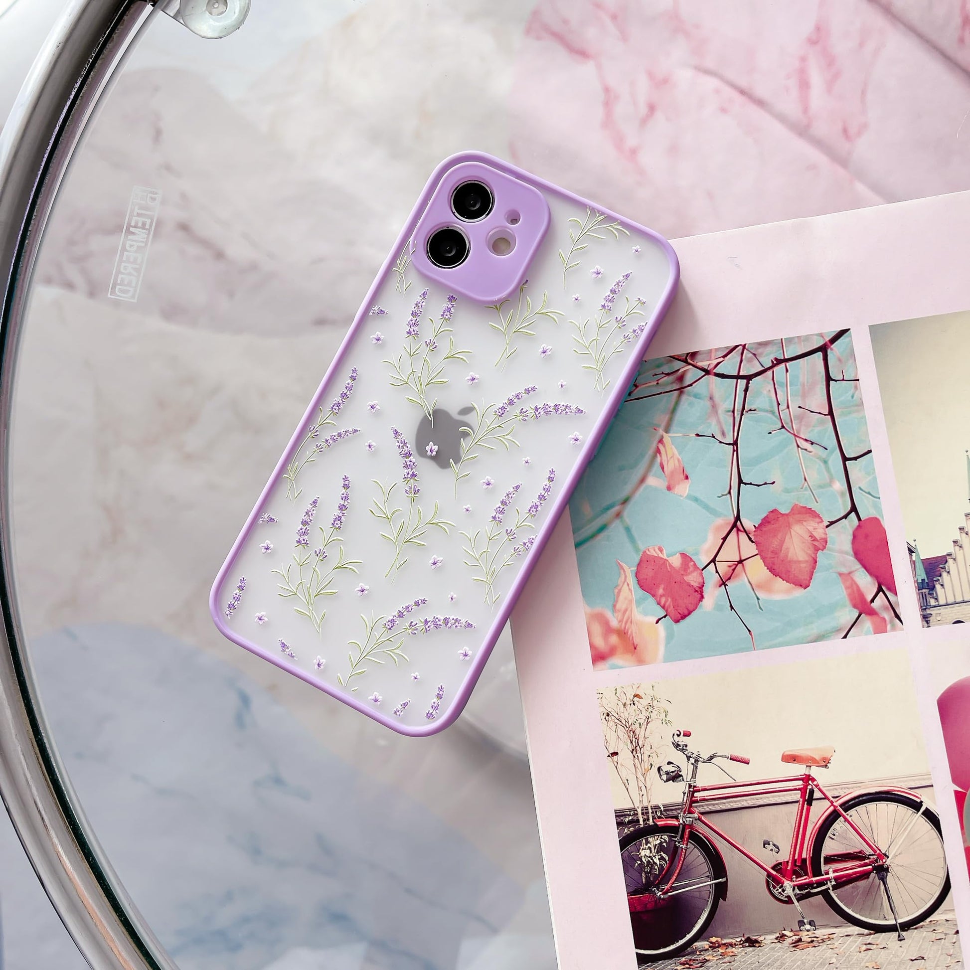HaroKing Funda para iPhone 12, Protectora de cámara, Carcasa Transparente Esmerilado Espalda PC 3D Floral (Morado)
