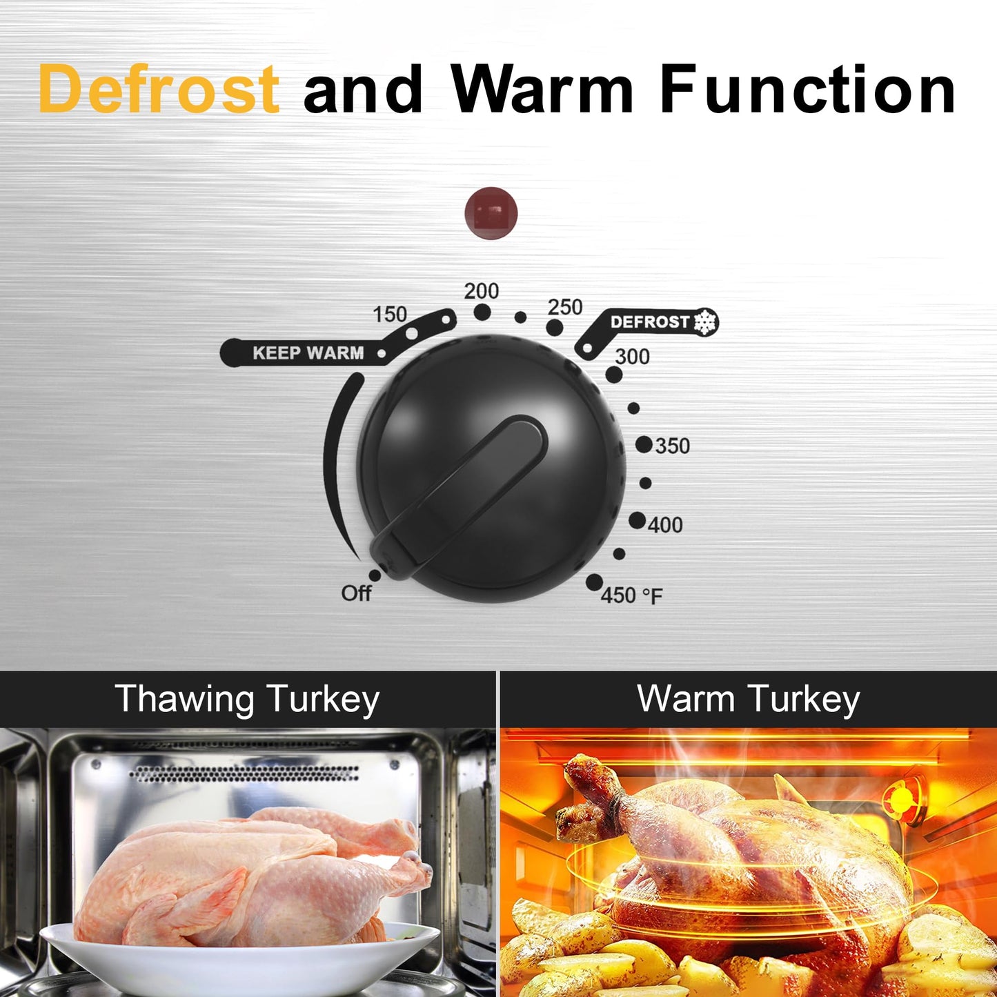 Horno tostador de 18 cuartos con tapa autohilado, horno tostador de pavo con función de descongelación y calor, temperatura ajustable, estante eléctrico extraíble para sartén, acero inoxidable, plata