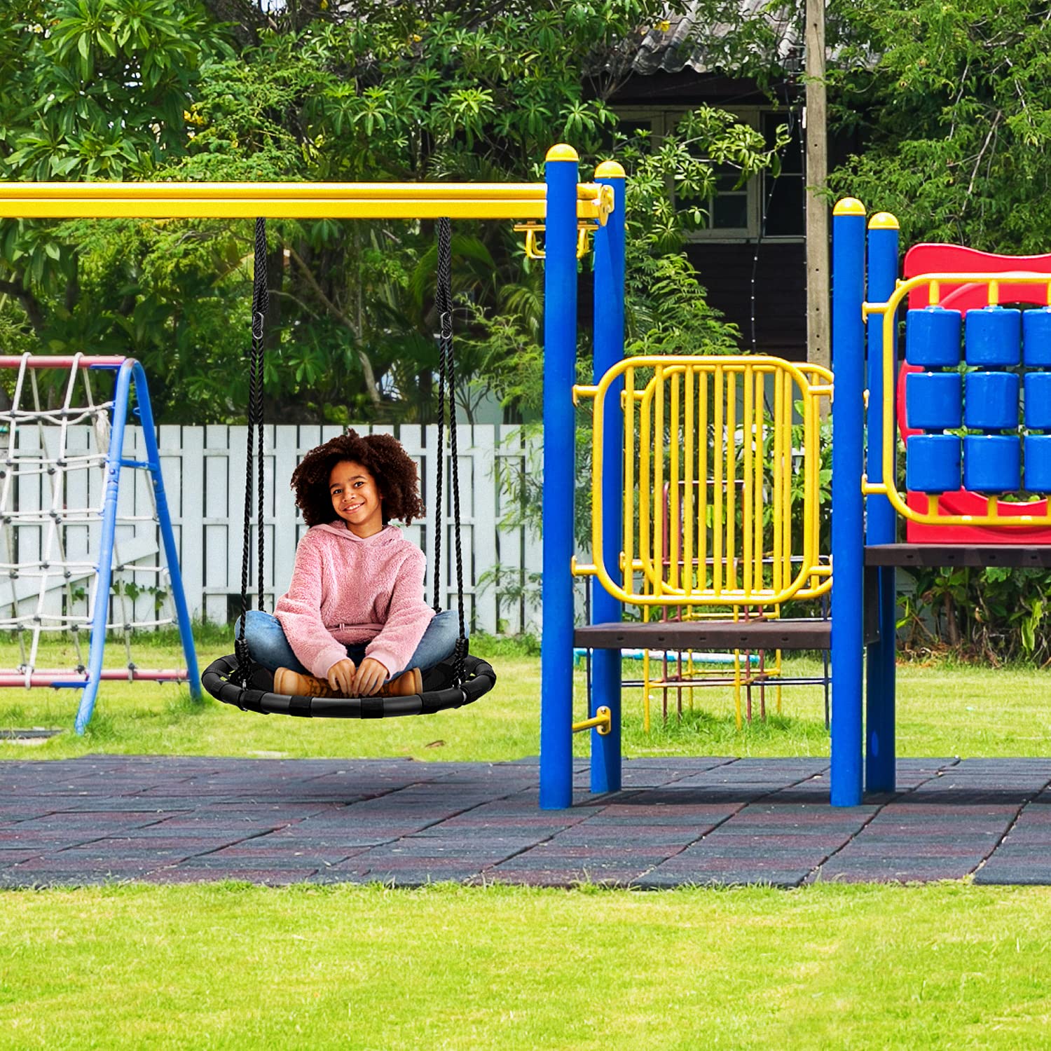 Columpio Giratorio Sorbus Negro para Niños con Asiento Redondo y Accesorios Incluidos