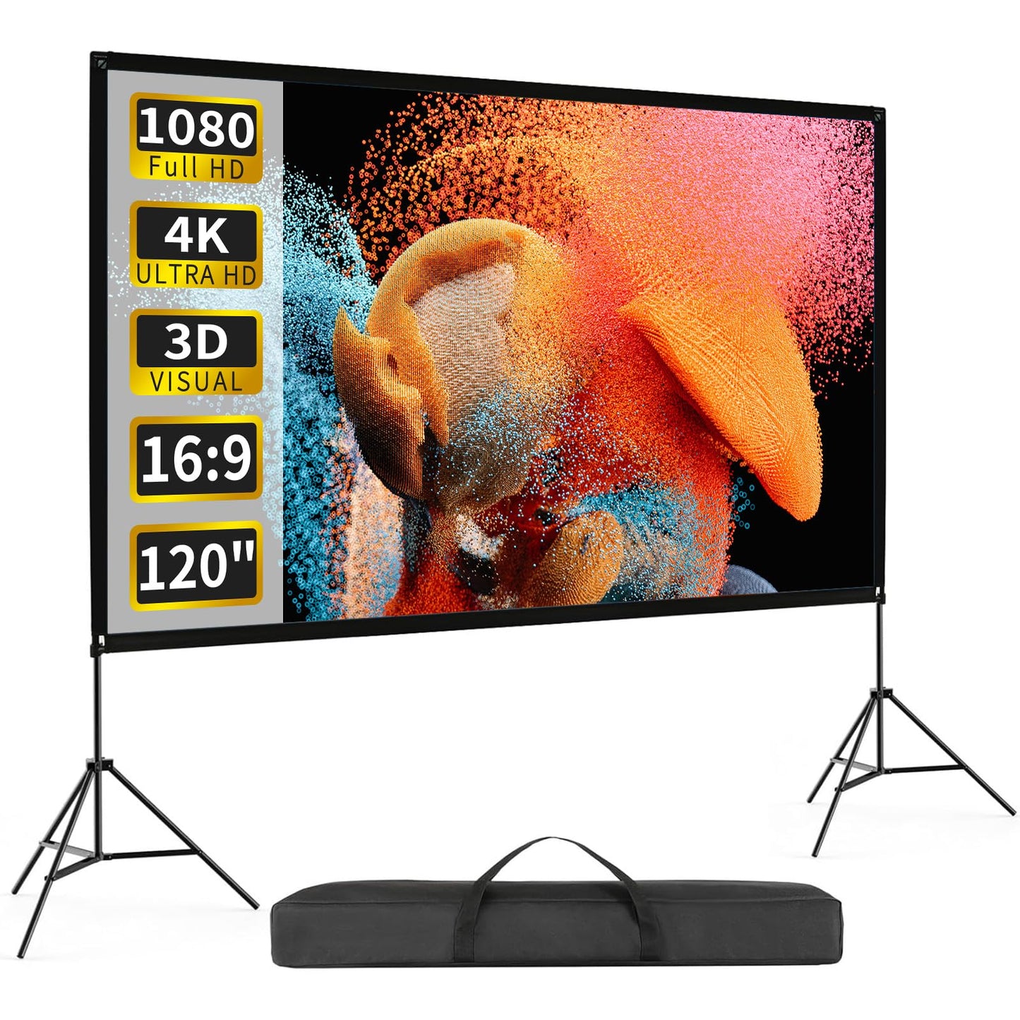 VISULAPEX Pantalla de proyección portátil de 120 Pulgadas con Soporte, 16:9 4K HD, para Interiores y Exteriores, Plegable, Antiarrugas, con Funda de Transporte para Cine en casa