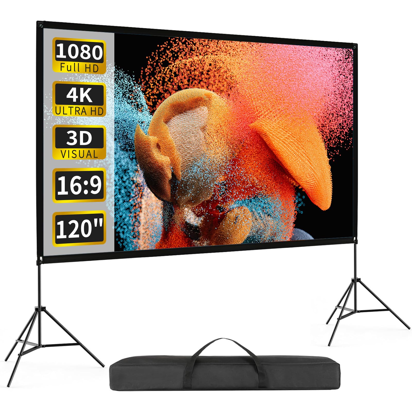 VISULAPEX Pantalla de proyección portátil de 120 Pulgadas con Soporte, 16:9 4K HD, para Interiores y Exteriores, Plegable, Antiarrugas, con Funda de Transporte para Cine en casa