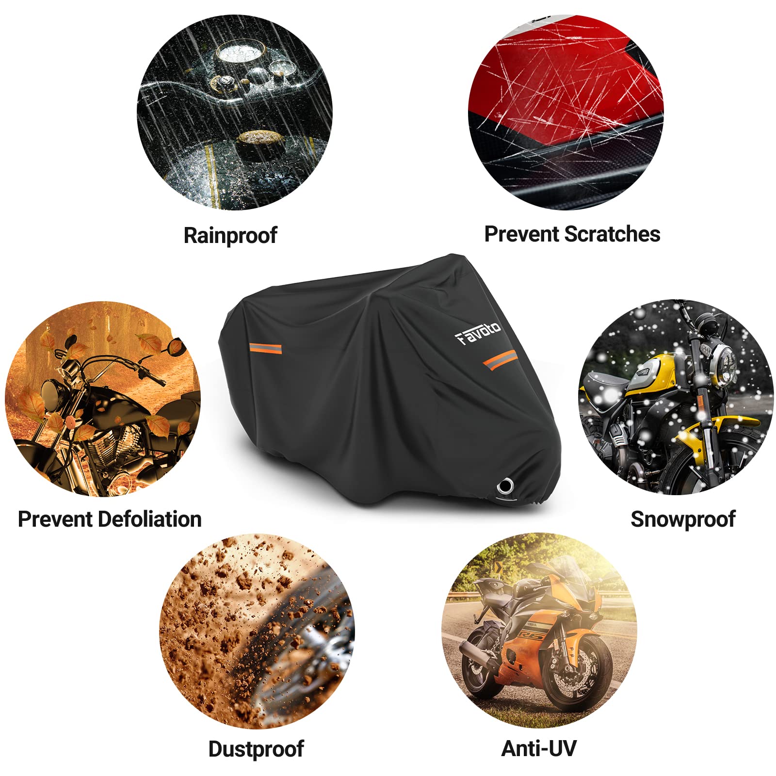 Favoto Funda para Moto Cubierta de la Motocicleta 210T Protectora Poliéster con Banda Reflectante a Prueba de UV Agua Lluvia Polvo Viento Nieve Excremento de Pájaro al Aire Libre XXL 245cm Negro