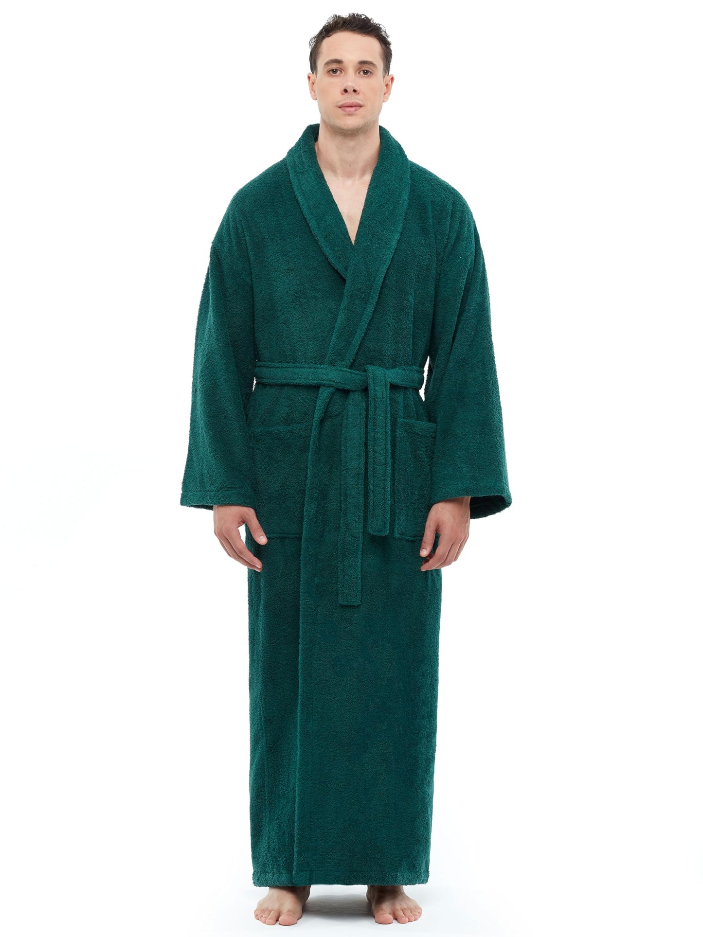 Arus Bata de hombre con cuello chal, bata de baño de algodón turco de felpa, largo completo, verde oscuro, talla LXL