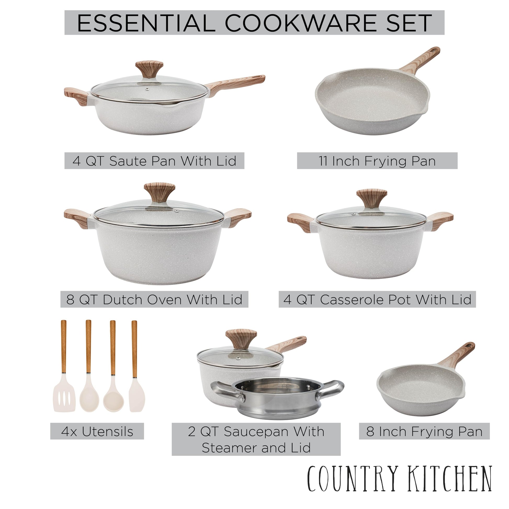 Country Kitchen - Juego de utensilios de cocina antiadherentes de aluminio fundido, utensilios de cocina duraderos para cocina diaria, crema, 15 unidades