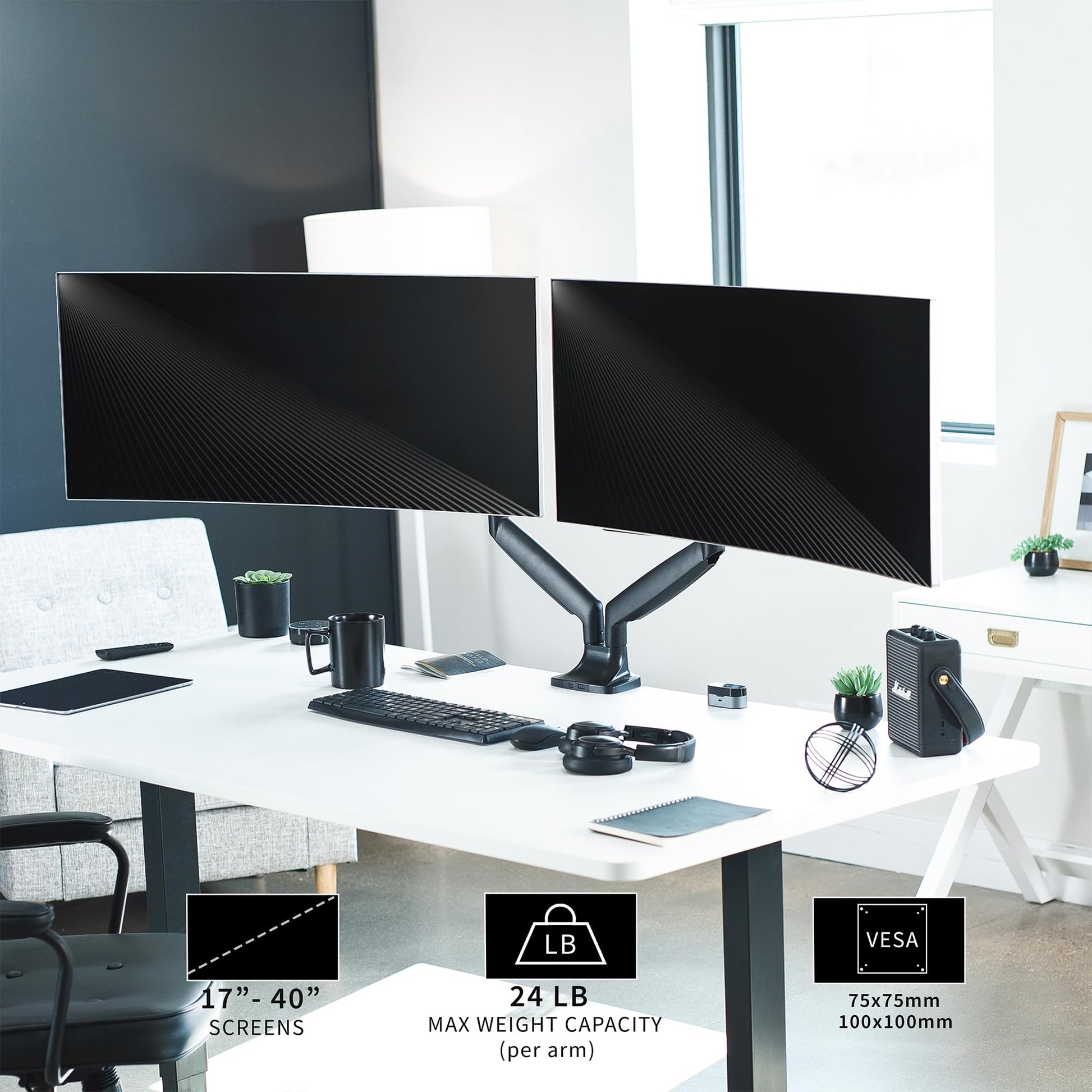 Brazo de Aluminio VIVO Negro para Monitores Ultra Anchos de hasta 35 Pulgadas con Altura Neumática y Montaje VESA 100 x 100