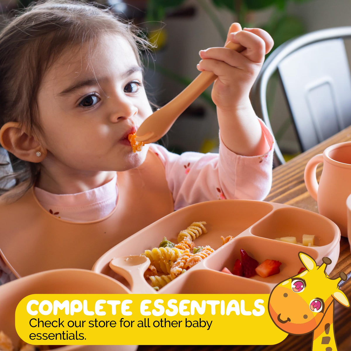 Muqee Peeko Platos con Ventosa para la Comida del bebé con Tapa, Color Albaricoque - Set de Comida para bebés de Silicona Apta para Uso alimentario