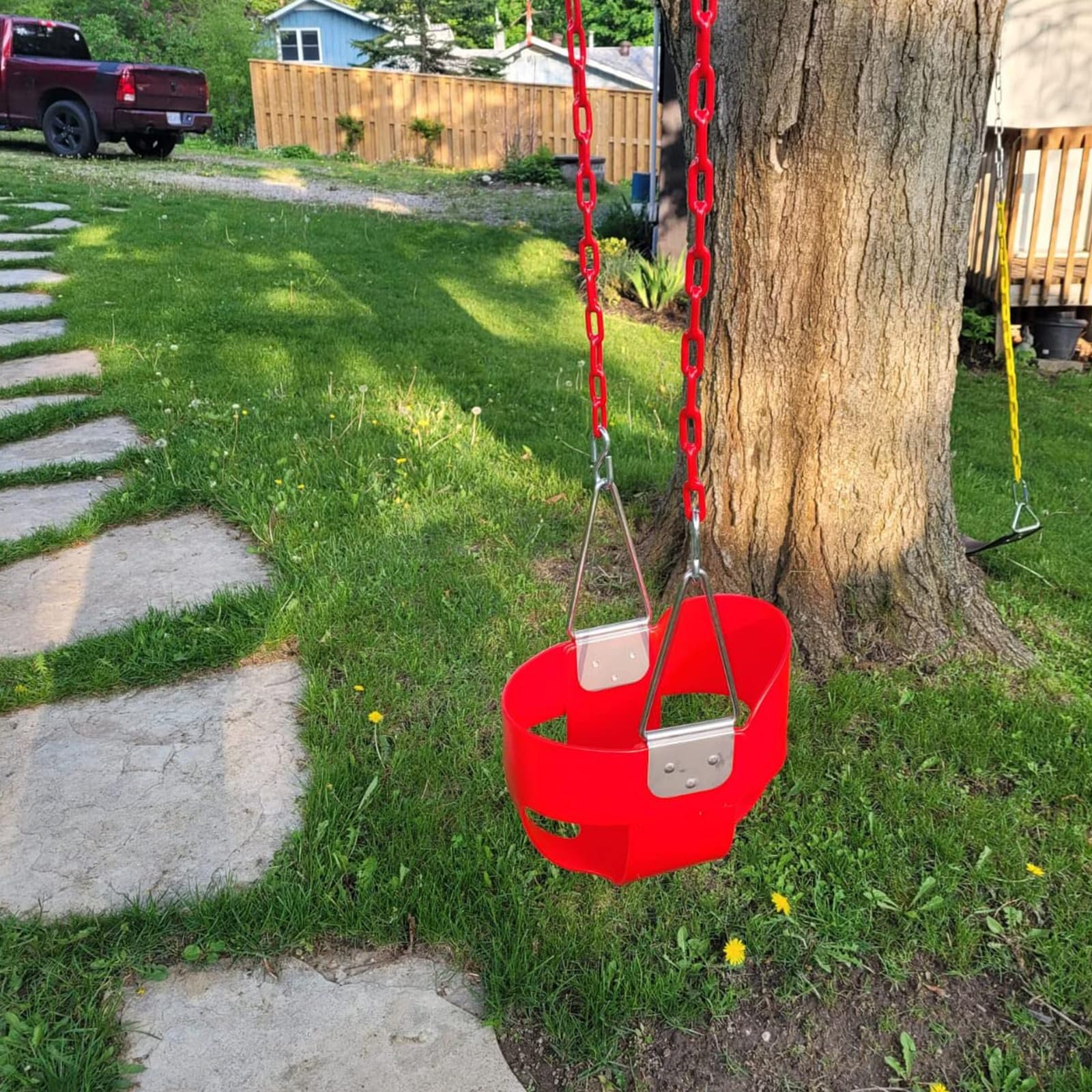 KINSPORY Asiento de Columpio, 150cm Columpio para bebé con Cadenas de Hierro Resistentes recubiertas, Juego de Columpio al Aire Libre con Respaldo Alto y Correas para árboles - Rojo