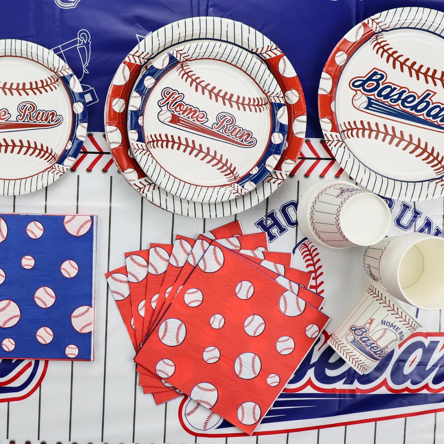 Decoraciones para fiestas de béisbol, 81 juegos de platos y servilletas de béisbol, mantel, tenedores azules para fanáticos de los deportes, suministros para fiestas de cumpleaños para niños y