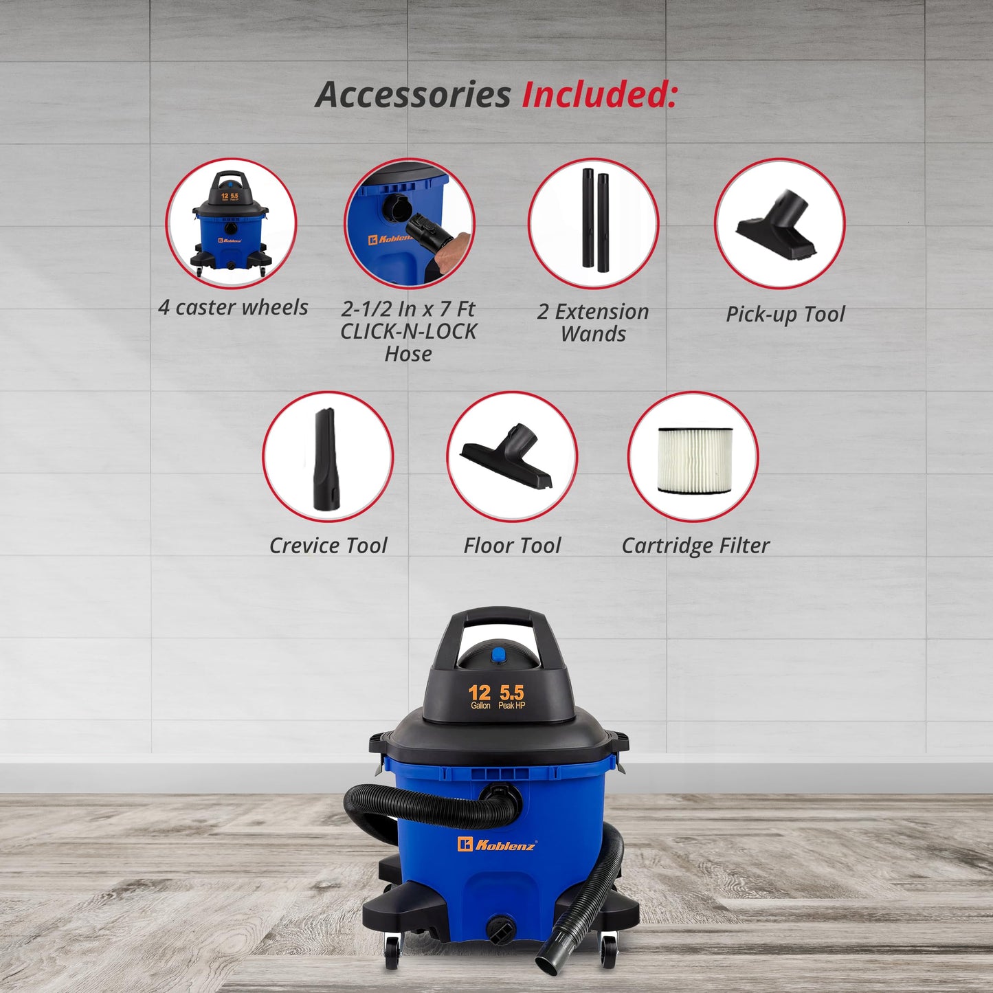 Koblenz Aspiradora Seco Mojado Eléctrica con Sistema de Expulsión de Aire Incluye Accesorios, válvula de Drenaje y Tanque con Capacidad de 12 galones y Motor de 5.5 HP Modelo WD-12 L4