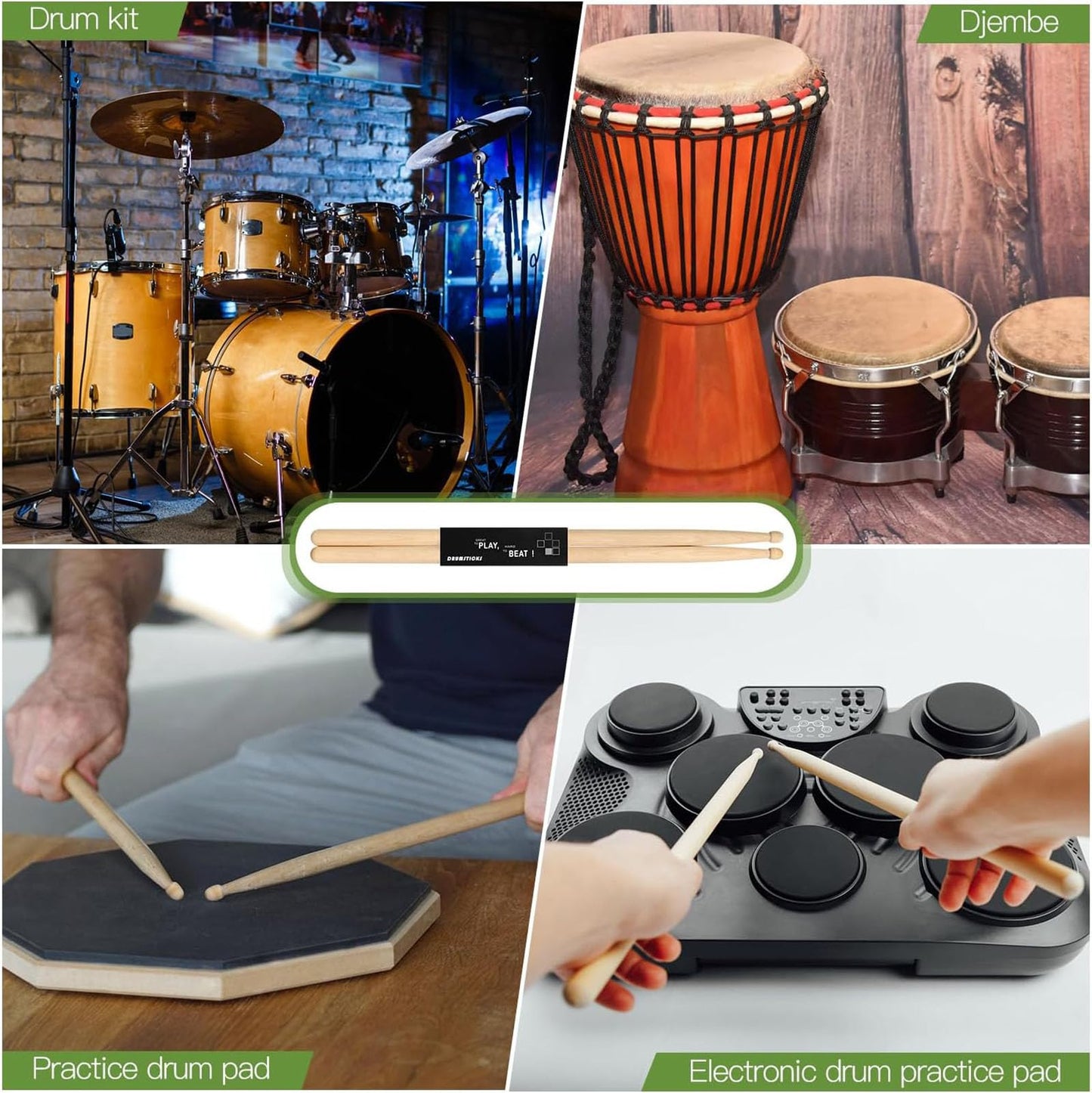Baquetas 5A para Bateria,Baquetas Profesionales, Baquetas Antideslizantes para Batería Eléctrica, Baquetas de Bateria Para Niños Adultos Principiantes, 2 Pairs Drum Sticks (5A)