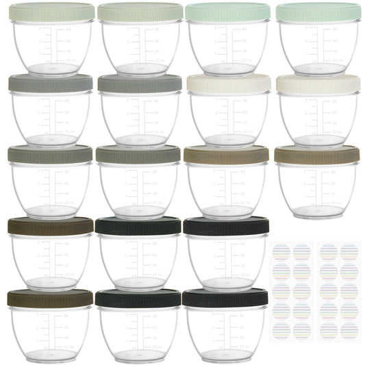 Youngever 18 juegos de almacenamiento de alimentos para bebés, contenedores de plástico de 4 onzas con tapas, 9 colores urbanos, con etiquetas de tapas