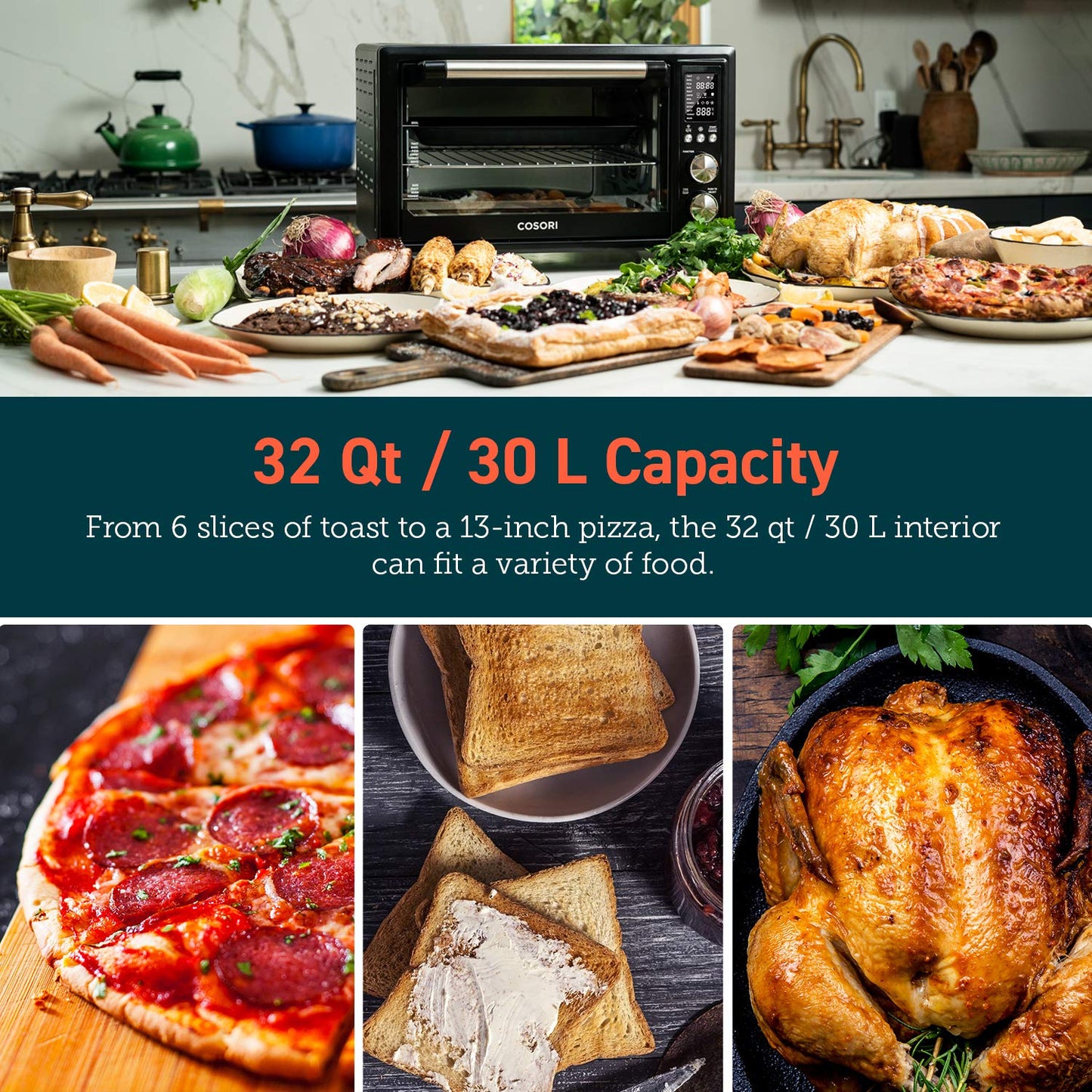 COSORI Smart 12 en 1 Air Fryer Tostadora Deshidratador de encimera para horno para pollo, 30L, Negro