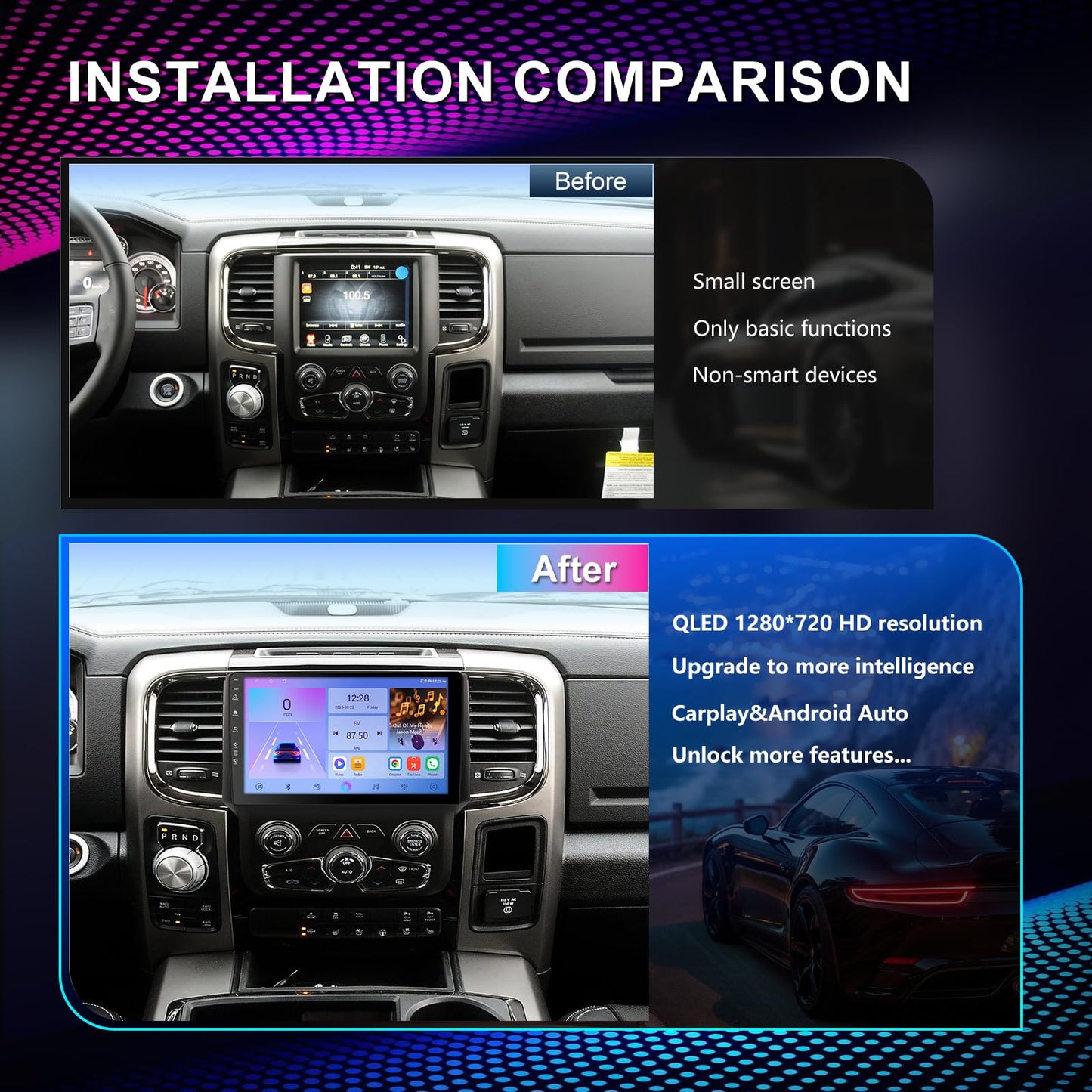 Estéreo de coche QLED Android 13 de 9 pulgadas para Dodge RAM 1500 2500 3500 2013-2018 IPS visualización táctil Radio de coche con Carplay y Android Auto Support Cámara de copia de seguridad GPS FM BT