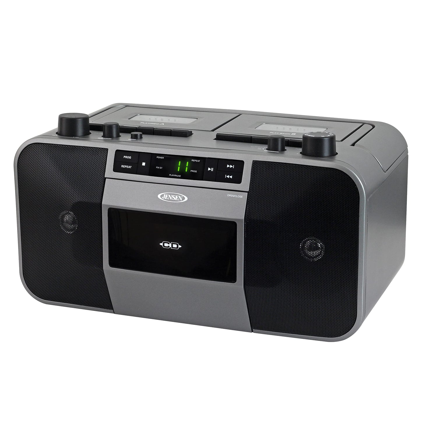 Jensen MCR-1500 Reproductor de CD y Casetes Portátil con Radio AM/FM, Estéreo, Gris, Compatible con CD y MP3, Conectividad Auxiliar y Auricular