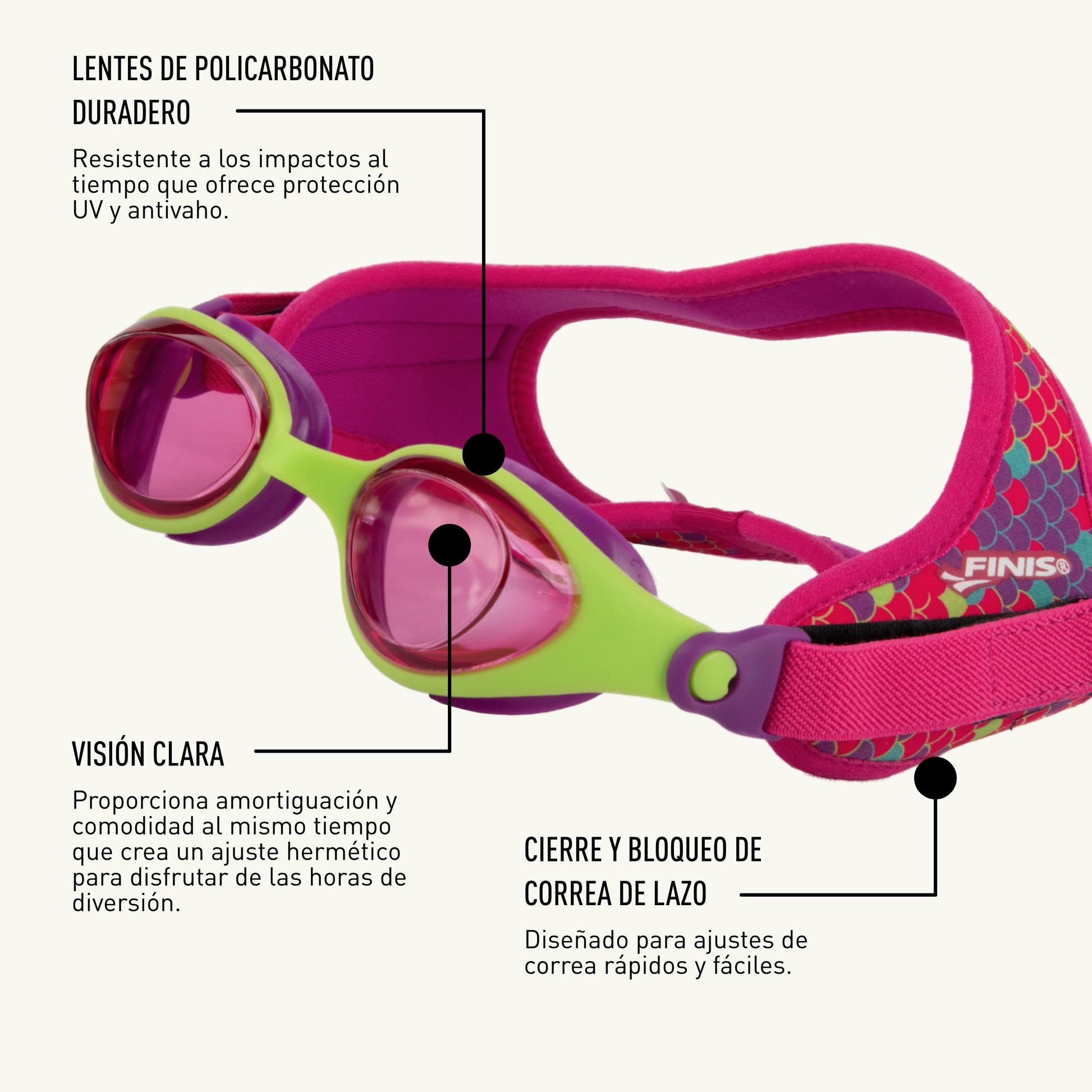 FINIS DragonFly - anteojos de natación para niños, de 3 a 8 años, protección UV, correa de neopreno flotante, ajuste de silicona suave, escamas