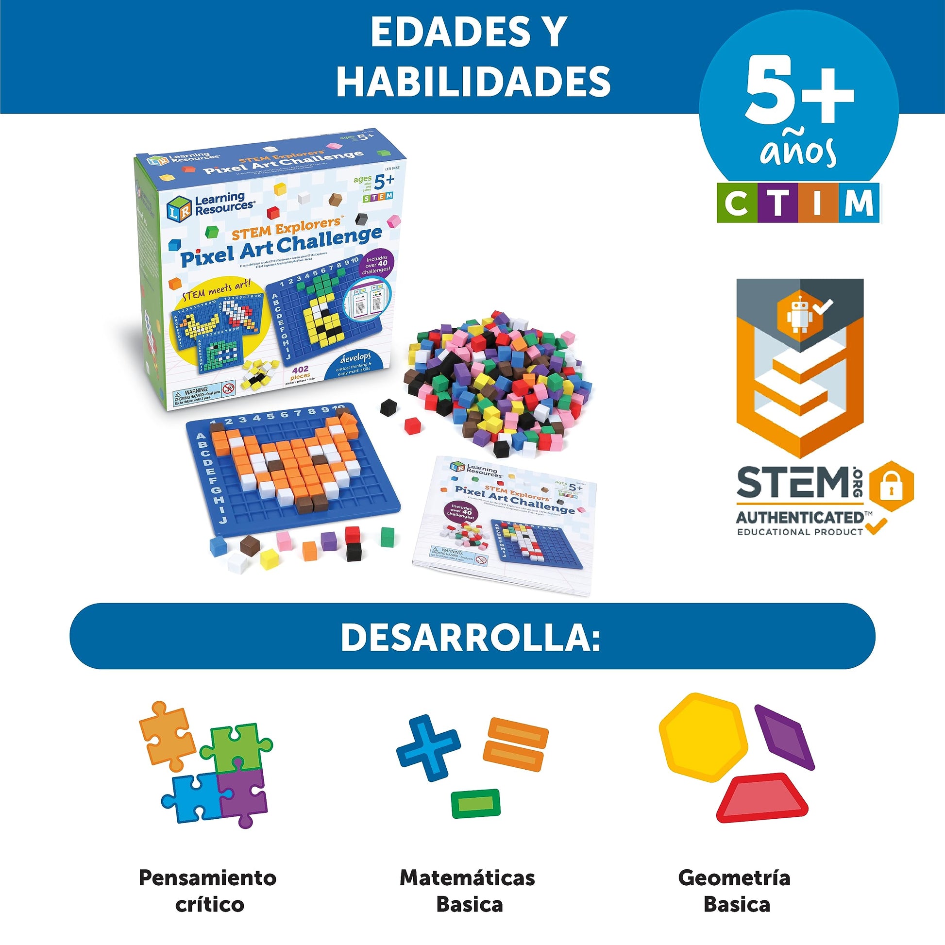 Learning Resources Stem Explorers Pixel Art Challenge, 402 Piezas, Mayores de 5 años, Juguetes Stem para Niños, Codificación Básica para Niños, Actividades Stem para el Salón de Clases