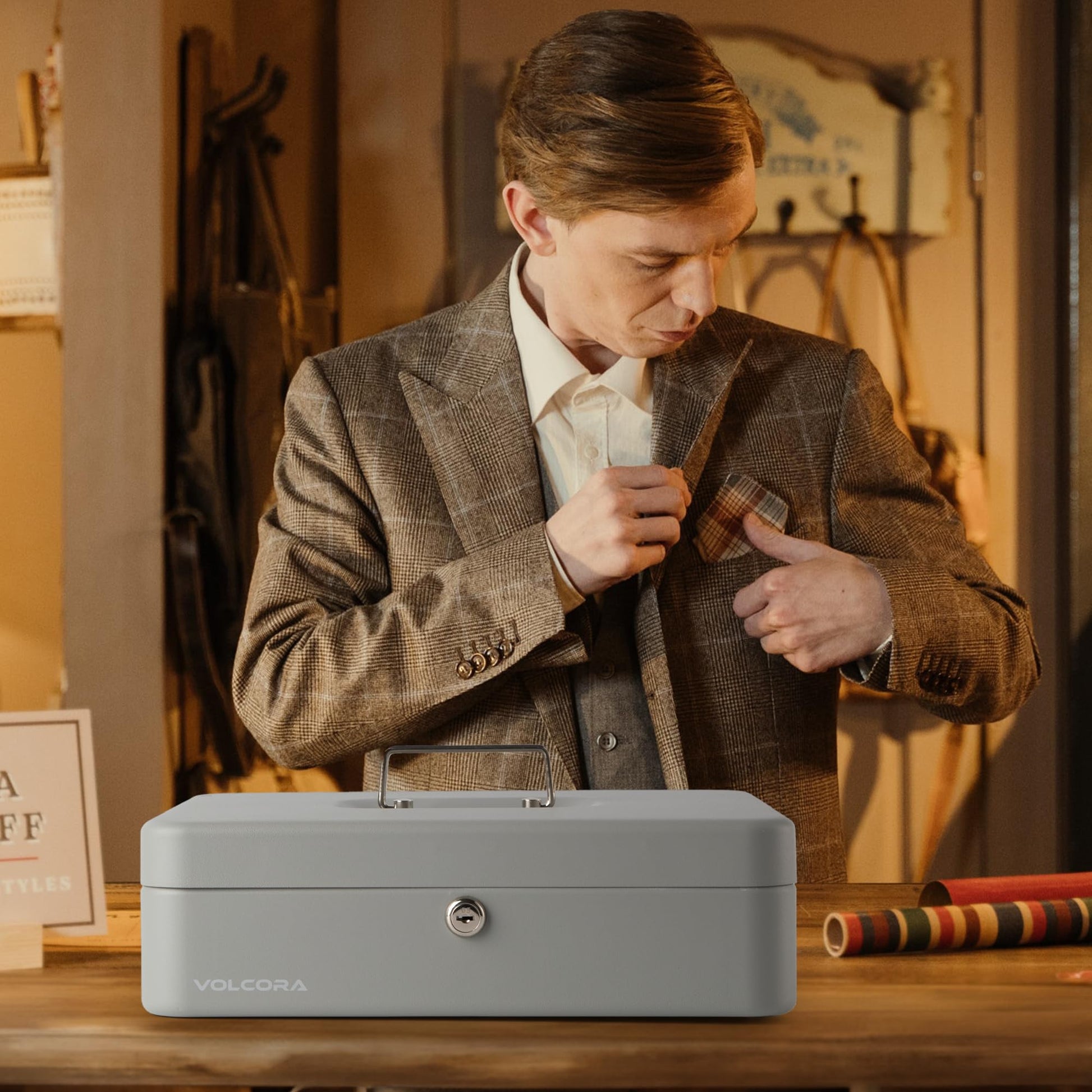 Caja de Dinero Grande Volcora Metal con Cerradura de Llave y Bandeja Portátil Duradera para Ahorro de Dinero