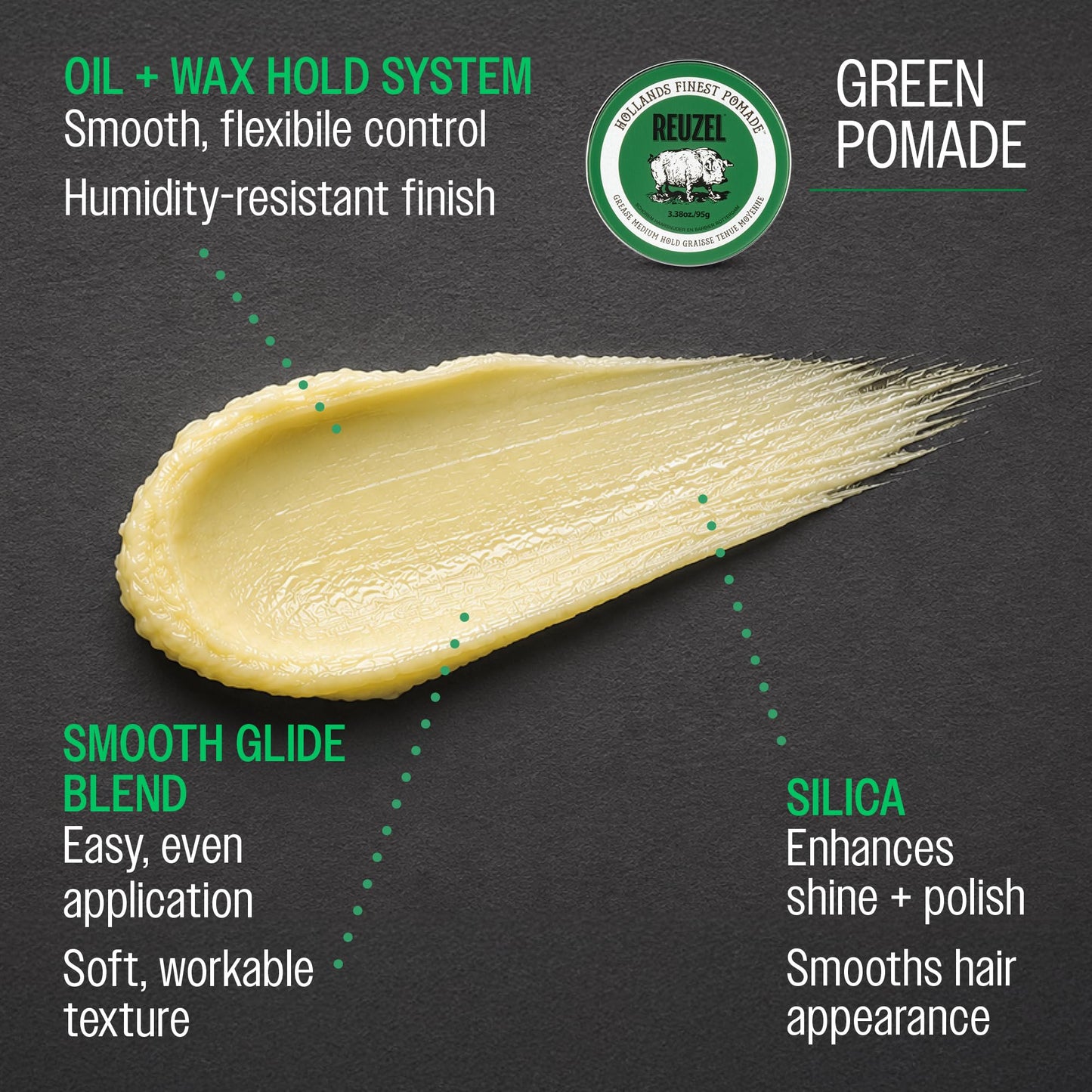 Reuzel Green Pomade Grease 95g Pomada para Cabello de Fijación Media, Brillo Natural, Base Aceite, Aroma Manzana y Menta
