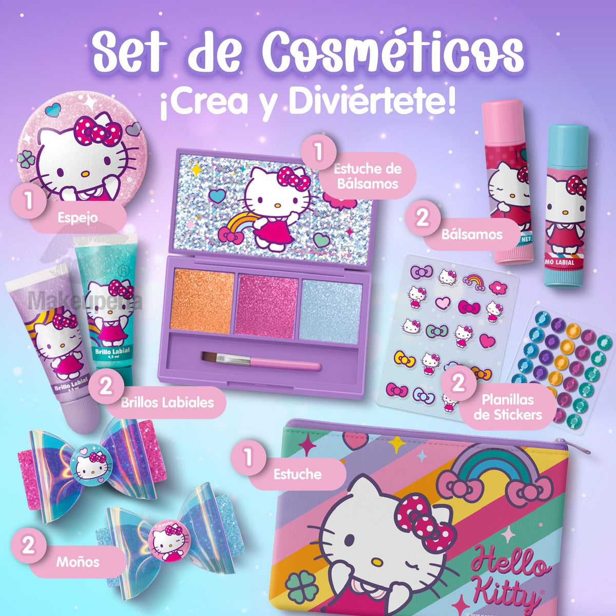 MAKEUPERIA Maquillaje para Niñas de Hello Kitty, Set de Maquillaje Infantil Lavable con Bálsamos, Brillos, Paleta con Brocha, Clips, Espejo y Bolsa de PVC, Regalo Seguro y Adorable