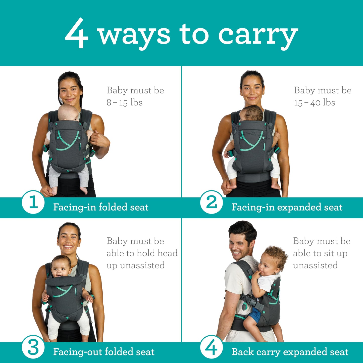 Infantino Carry On Active - Portabebés ergonómico con múltiples bolsillos para bebés y niños, 8-40 libras, con correas acolchadas, almacenamiento de cinturón lumbar y lazo para chupete