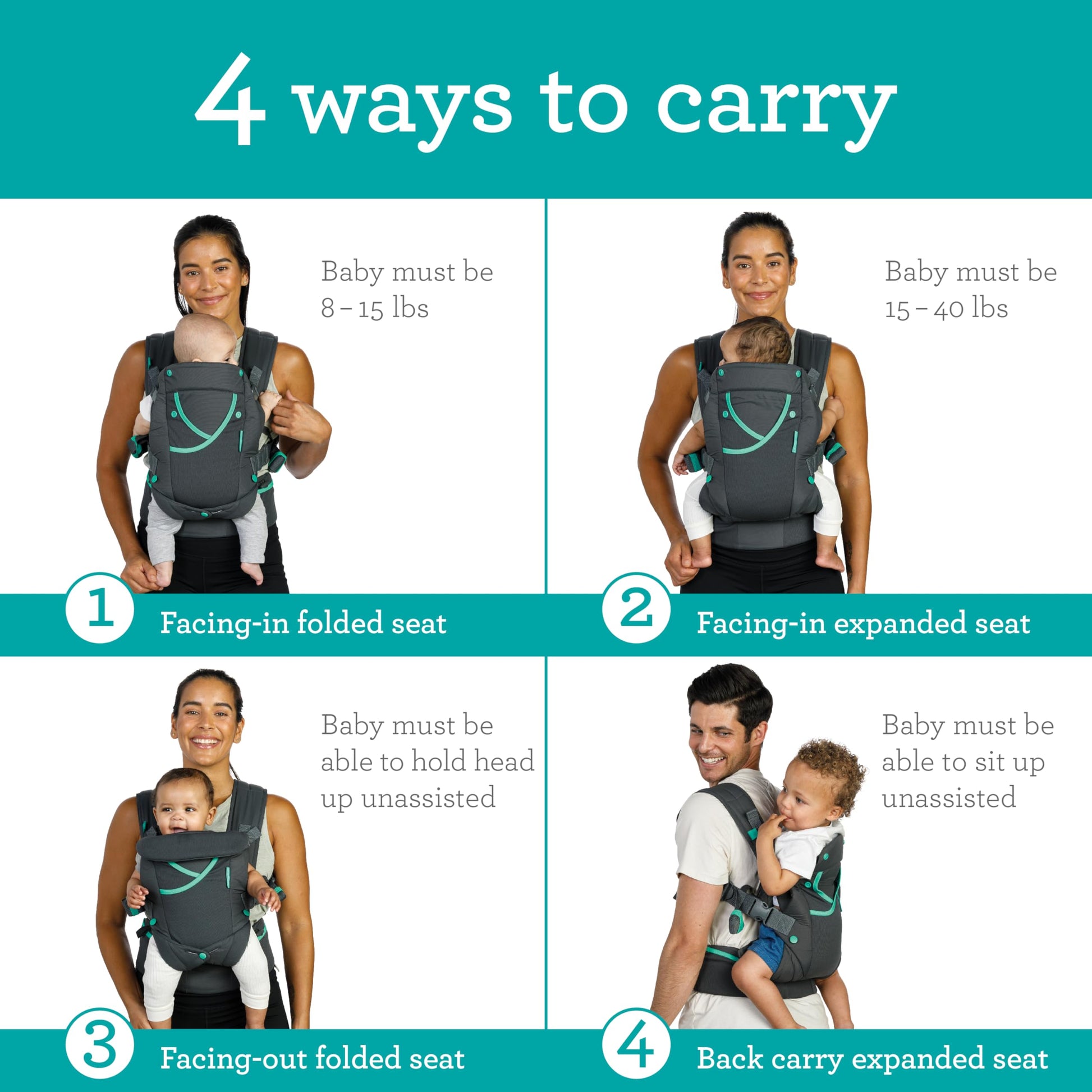 Infantino Carry On Active - Portabebés ergonómico con múltiples bolsillos para bebés y niños, 8-40 libras, con correas acolchadas, almacenamiento de cinturón lumbar y lazo para chupete