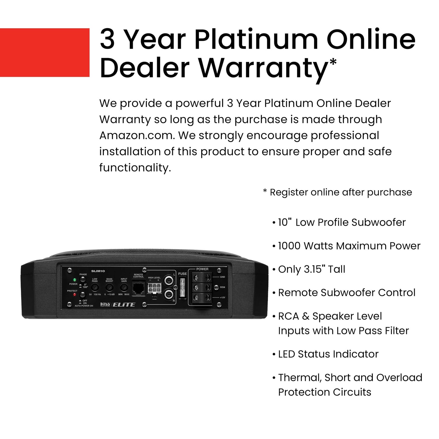 BOSS Audio Systems SLIM10 Elite Series - Subwoofer de Coche Alimentado de 10 Pulgadas, Perfil bajo, Control Remoto de subwoofer, Amplificador Integrado, Debajo del Asiento