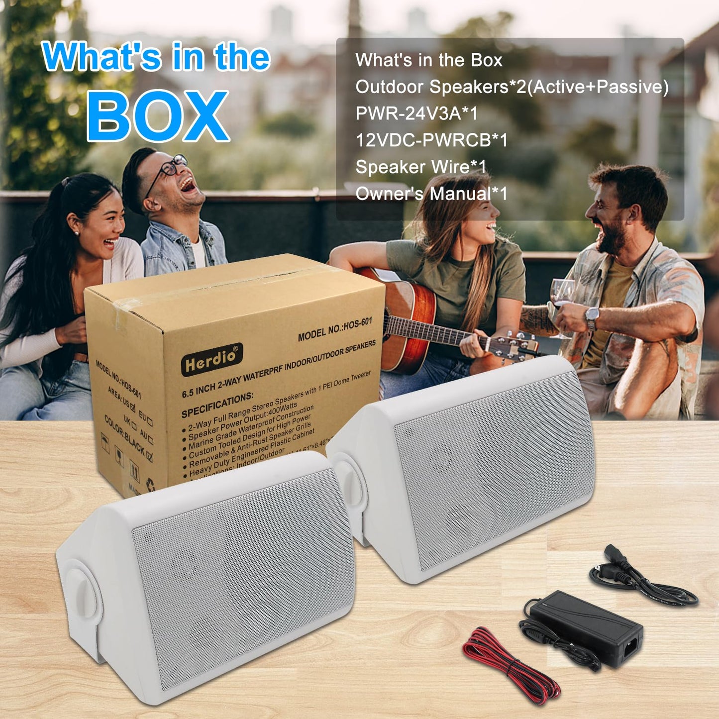 Herdio Bluetooth Bocinas para Exterior, 6,5 Pulgadas 400W Altavoces para Exteriores, Impermeable, Amplificador Superior, Amplia Cobertura De Sonido Estéreo, para Patio, Terraza, Patio Trasero (Blanco)