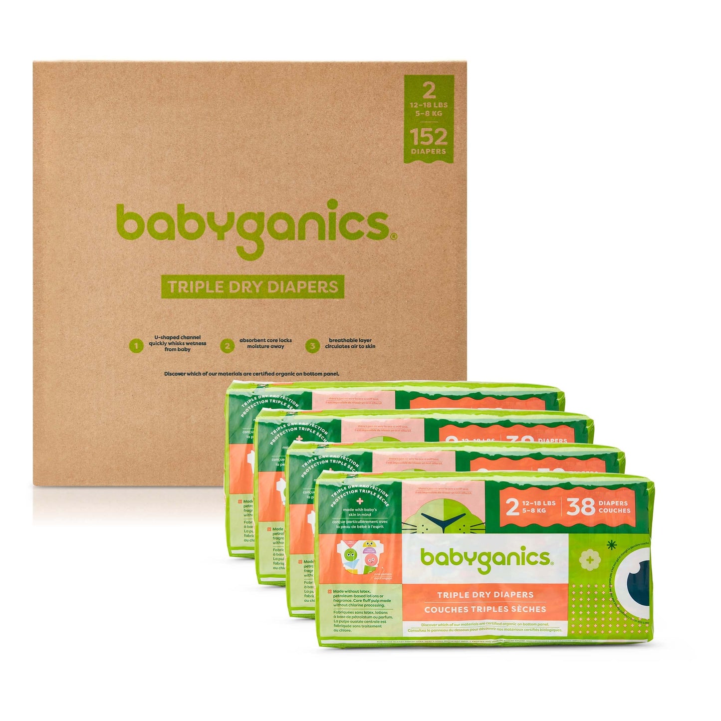Babyganics Talla 2, 152 unidades, absorbentes, transpirables, pañales de triple protección en seco