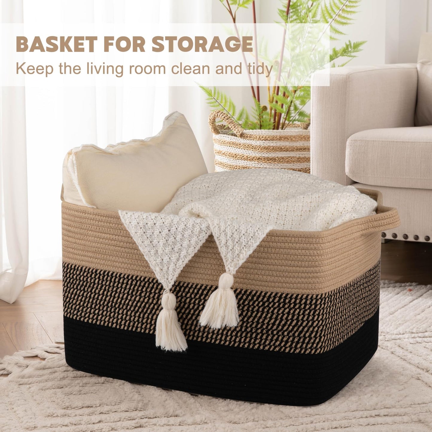 OIAHOMY Cesta Grande para Mantas, Cesta de Ropa de Cuerda de Algodón Tejida de 65L, Contenedor de Juguetes para Habitación de Bebé, Contenedor para Almacenamiento de Mantas en Sala de Estar, 20''×16