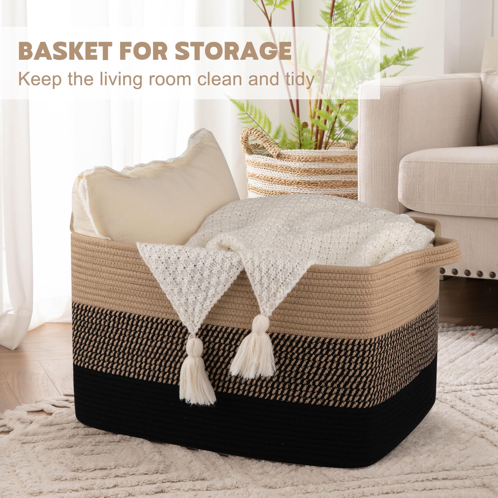 OIAHOMY Cesta Grande para Mantas, Cesta de Ropa de Cuerda de Algodón Tejida de 65L, Contenedor de Juguetes para Habitación de Bebé, Contenedor para Almacenamiento de Mantas en Sala de Estar, 20''×16