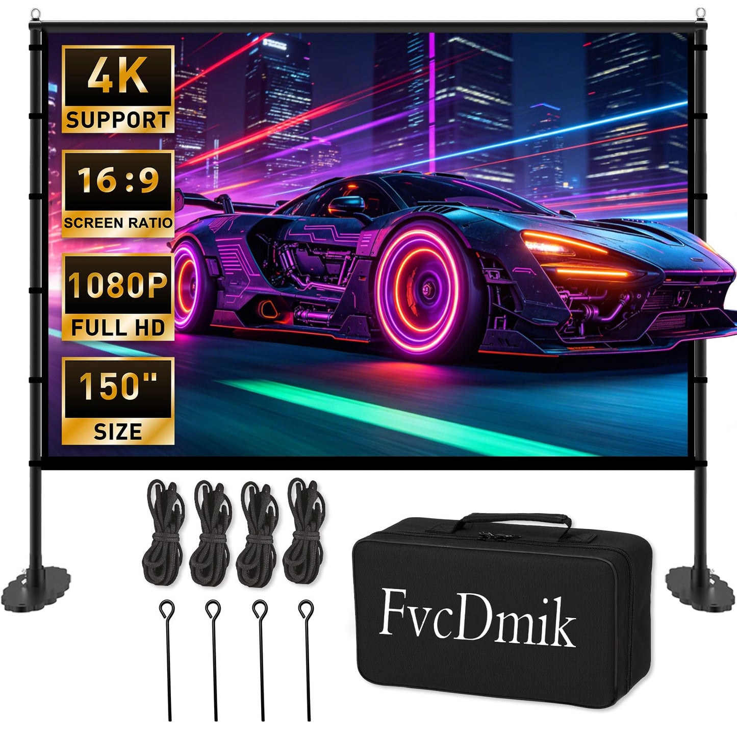 visualización de proyector de 150 pulgadas con soporte, visualización de cine portátil 4K HD 16:9 para exteriores, visualización de proyección plegable sin arrugas, con bolsa de transporte y uñas de