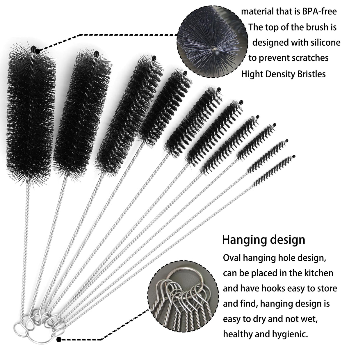 Cepillo de Pajilla Largo, Juego de Cepillos de Pajilla 10 Piezas, Cepillo de Pajilla para Vaso Térmico, Taza con Pitillo, Botella de Agua y Comederos para Colibríes. (Negro)