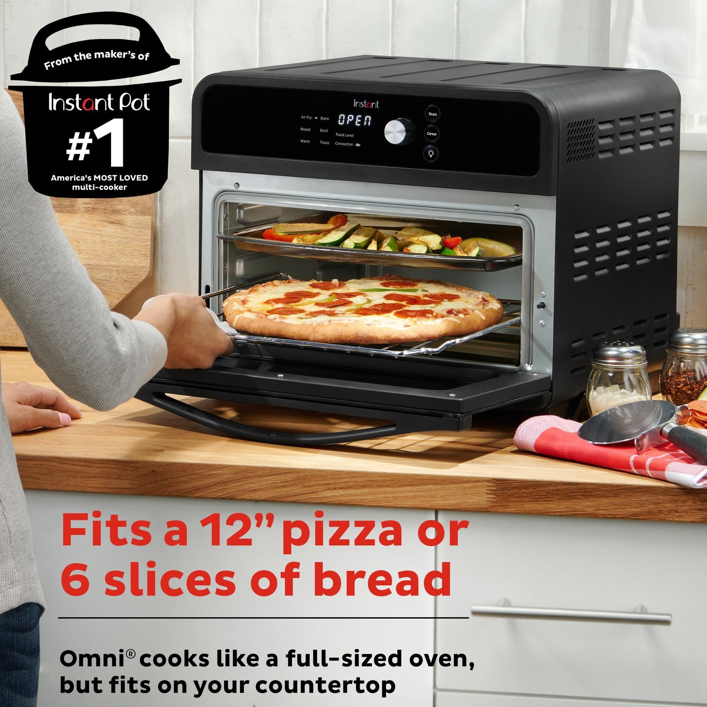 Instant Omni 19QT/18L - Freidora de aire para horno tostador, funciones 7 en 1, se adapta a pizza de 12 pulgadas, patatas fritas, broils, hornear, asados, tostadas, calienta, convección, más de 100