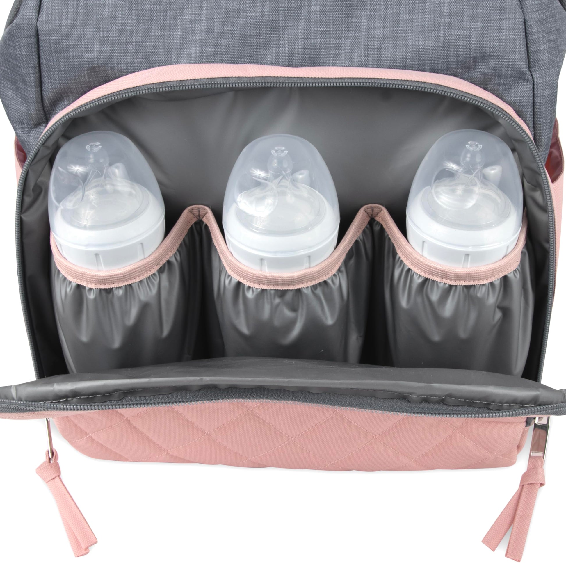 Baby Essentials - Mochila de pañales con marco principal súper enfriadora con cambiador, correas para carriola, compartimento aislado para botellas, Rosado/Gris, Mediano, Mochila para pañales