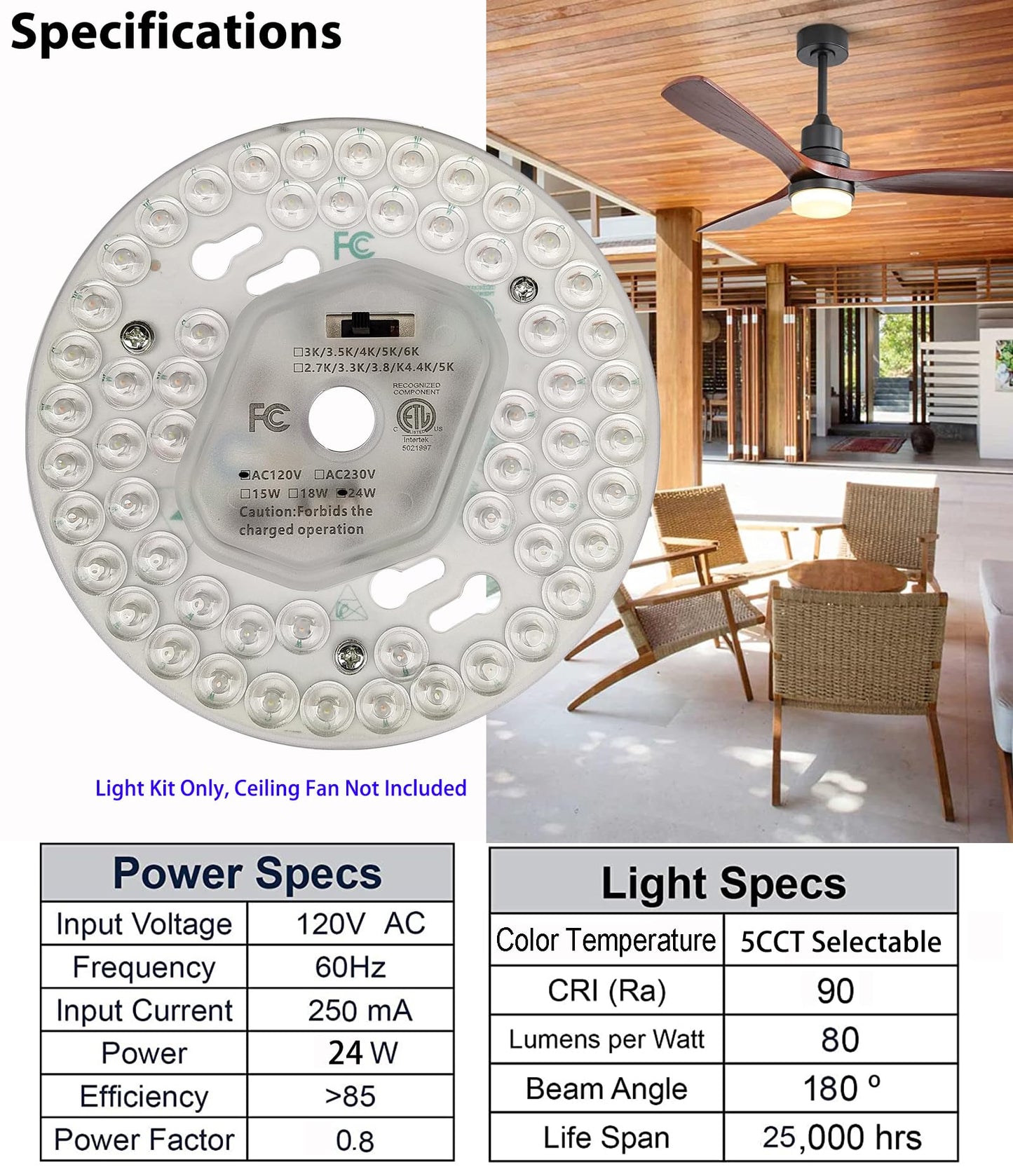 Kit de Iluminación Zhairdalstar Blanco LED para Ventilador de Techo 24 W Homologado por ETL