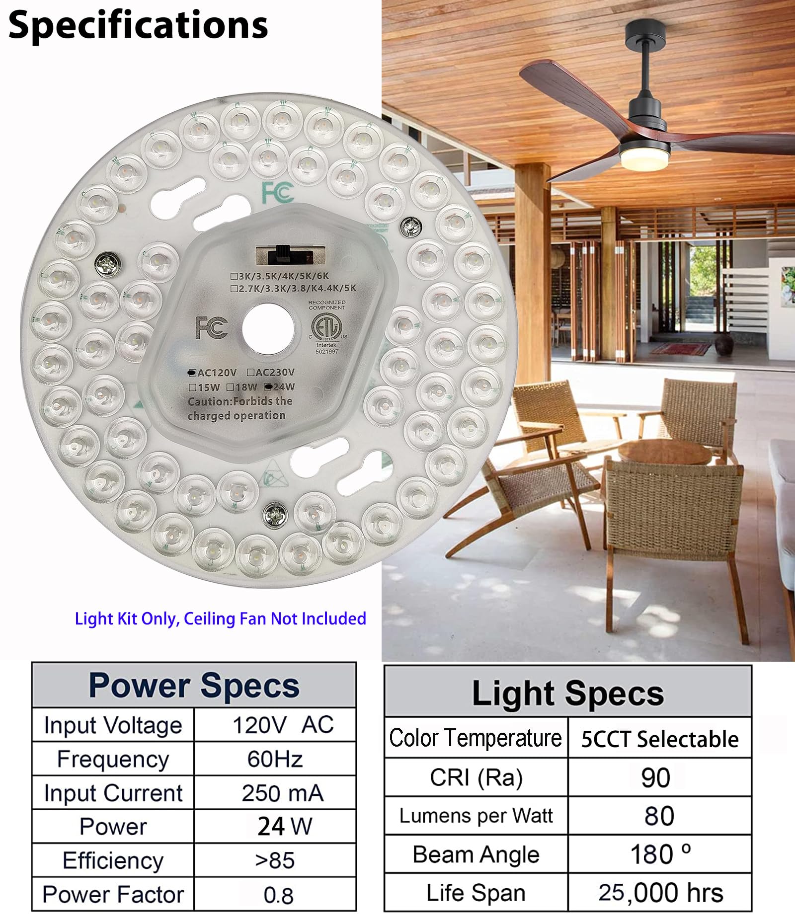 Kit de Iluminación Zhairdalstar Blanco LED para Ventilador de Techo 24 W Homologado por ETL