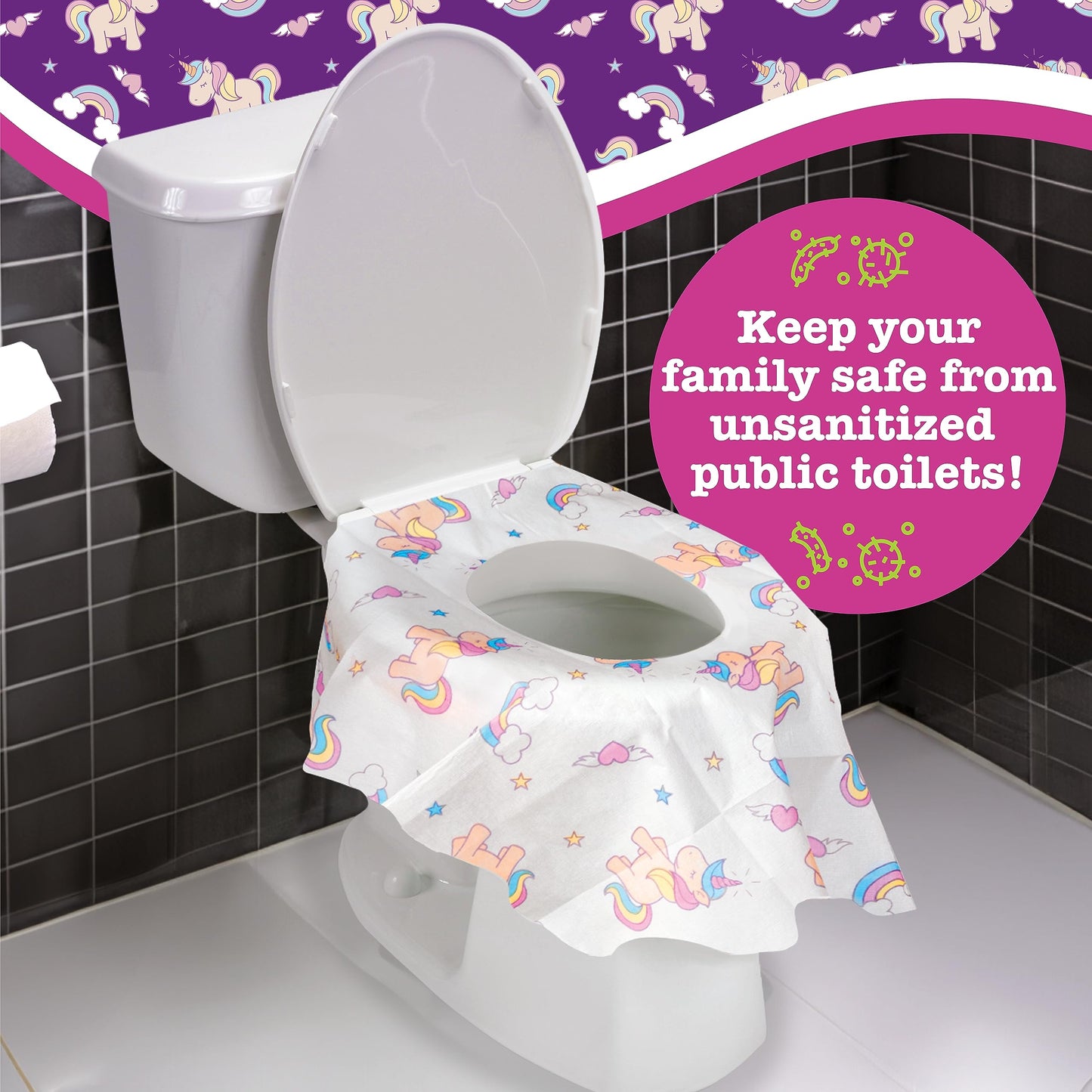 Fundas desechables para asiento de inodoros, para niños y adultos, en paquete individual, para viajes, entrenamiento para ir al baño, baños públicos, (20 unidades, unicornios), impermeable XL