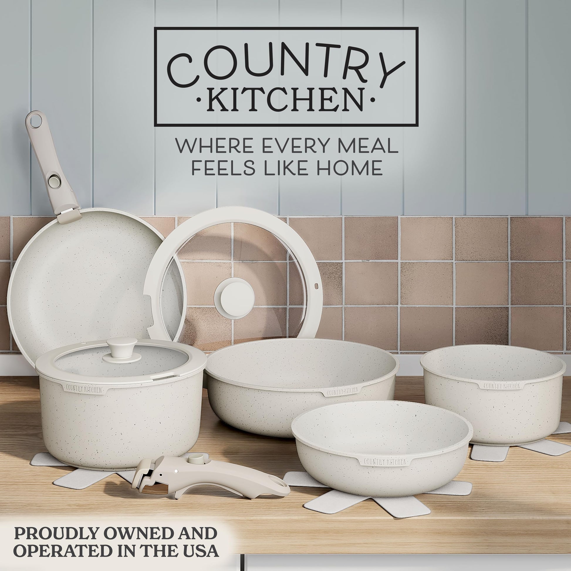 Country Kitchen Juego de ollas y sartenes de 13 piezas juego de utensilios de cocina antiadherentes mango desmontable juego de utensilios de cocina RV apto para lavaplatos/horno (crema), YFAC13RH CRM